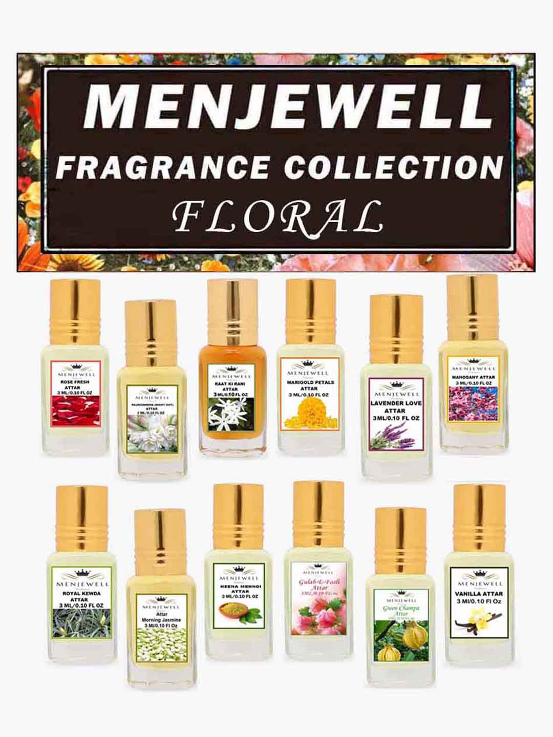 

Menjewell Women Set of 12 Fine Floral Fragrance Attar - 3ml each, Black