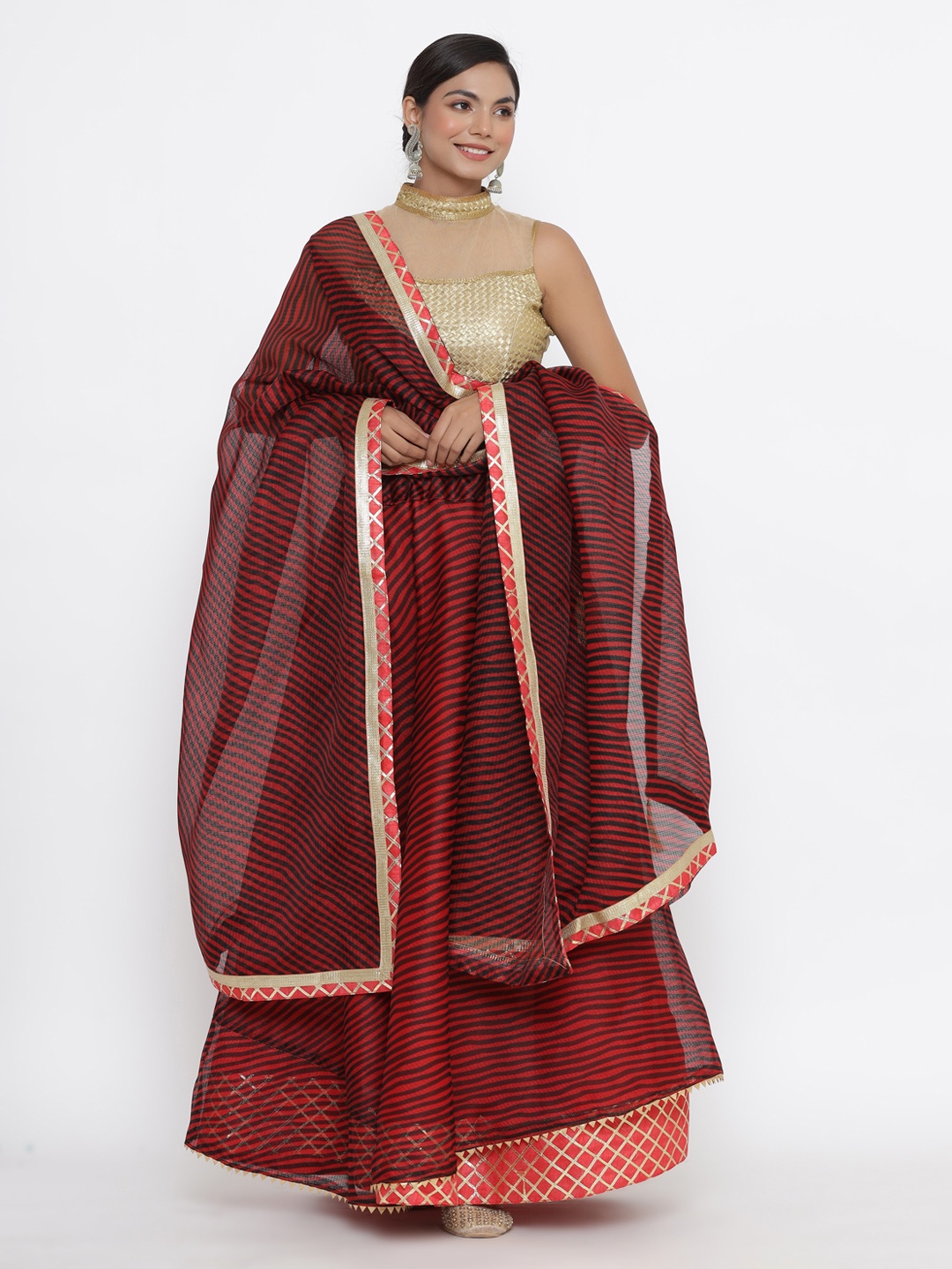 

Kesarya Maroon & Gold-Toned Semi-Stitched Lehenga & Unstitched Blouse With Dupatta