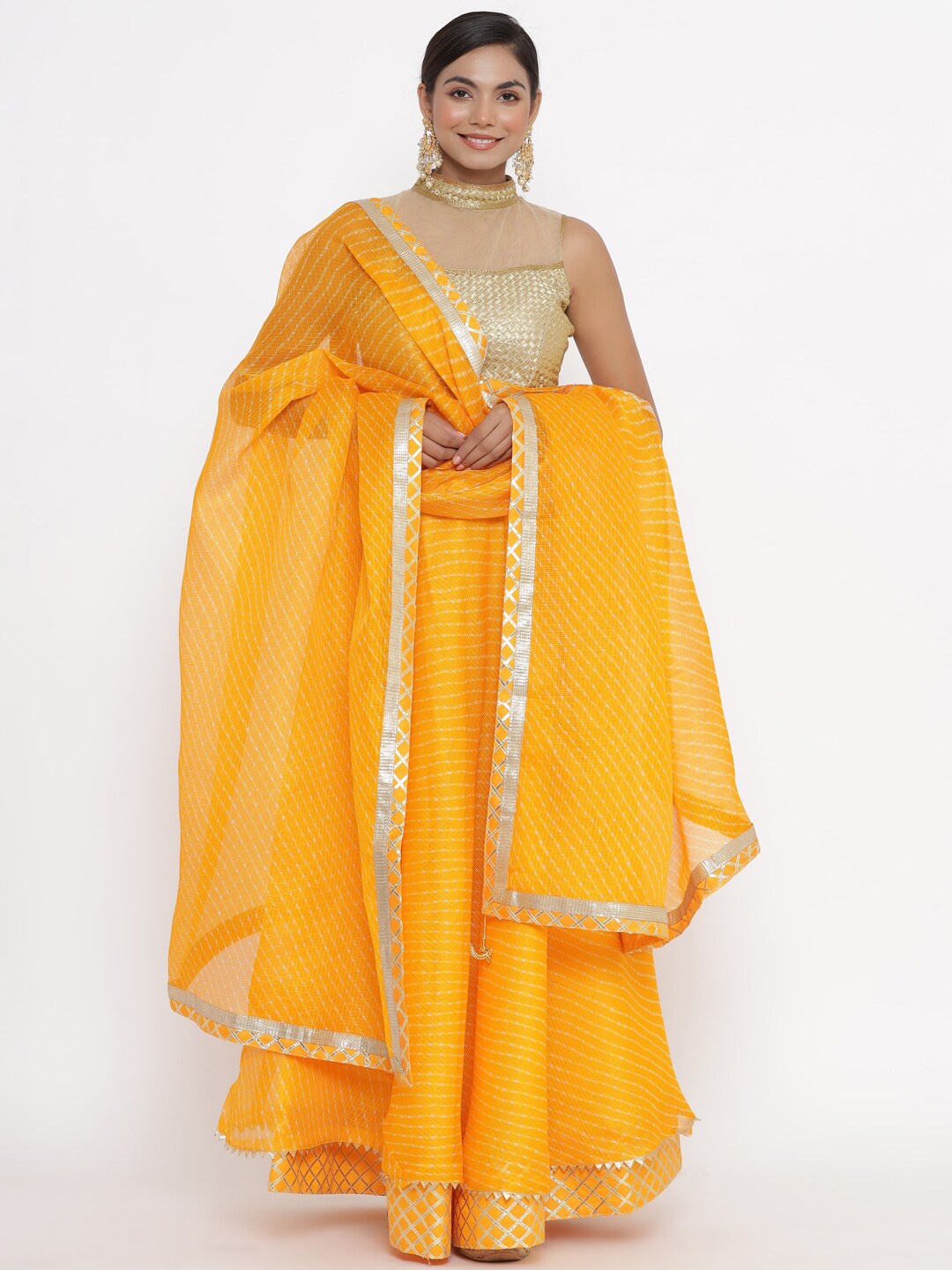 

Kesarya Yellow & Gold-Toned Embellished Ready to Wear Lehenga & Unstitched Blouse With Dupatta