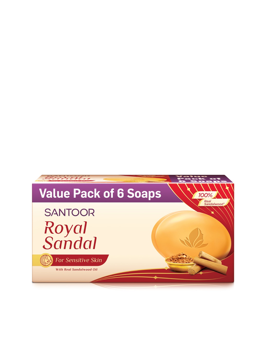 

Santoor Set of 6 Royal Sandal Soaps - 125g each, Mustard