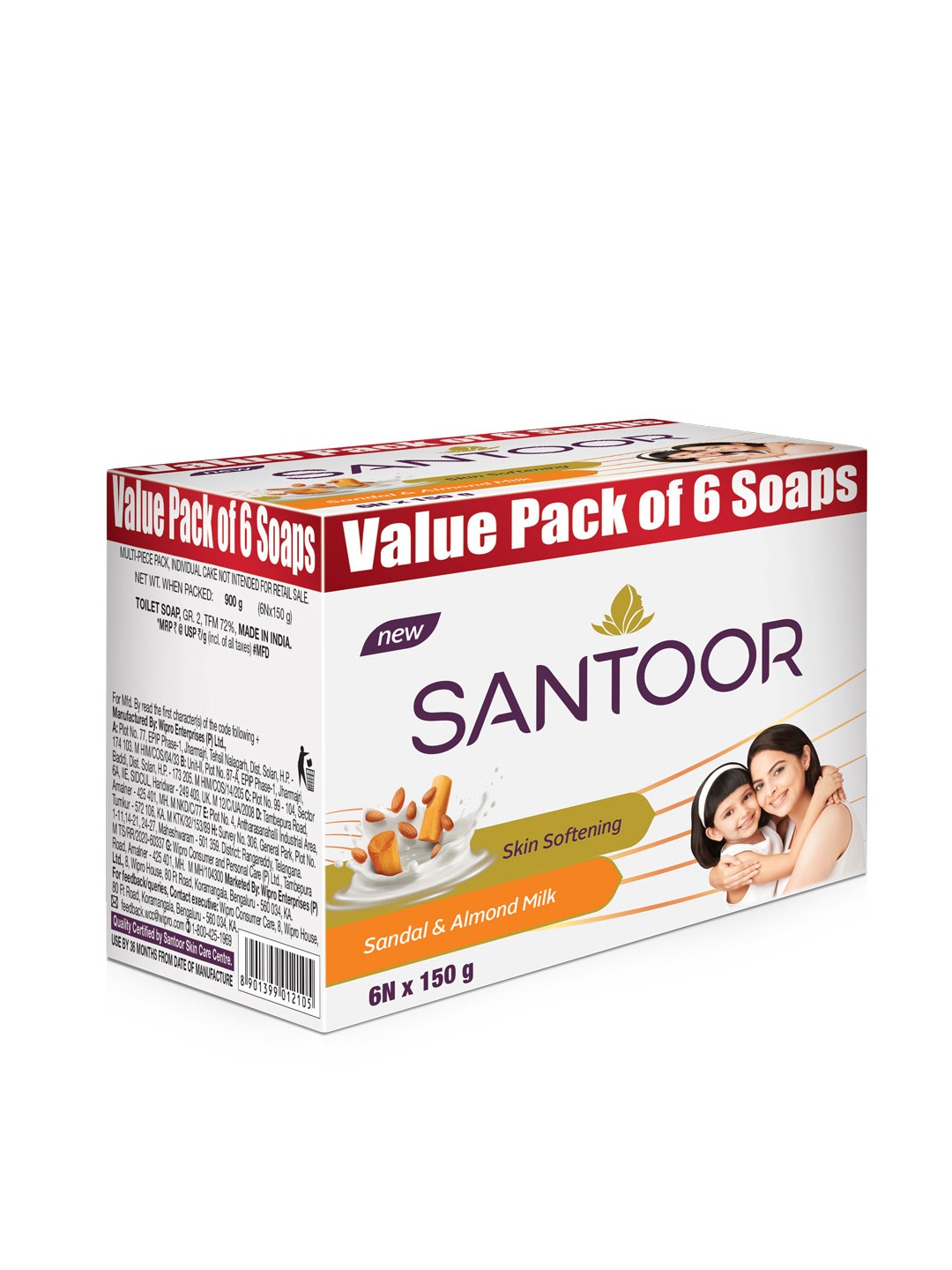 

Santoor Set of 6 Almond Soft Soaps with Sandal & Almond Milk - 150 g Each, White