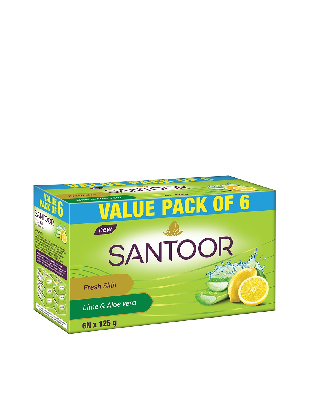 

Santoor Set of 6 Aloe Fresh Soaps with Aloe Vera & Lime - 125 g Each, Green