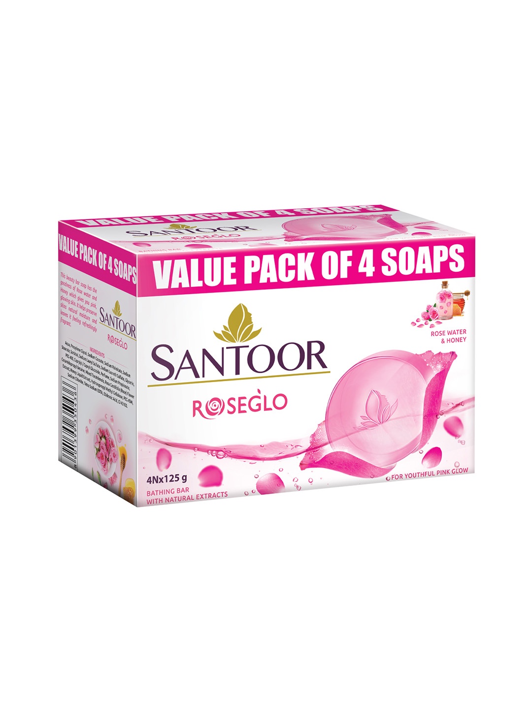 

Santoor Set of 4 RoseGlo Bathing Soap with Rose Water & Honey - 125 g each, Pink
