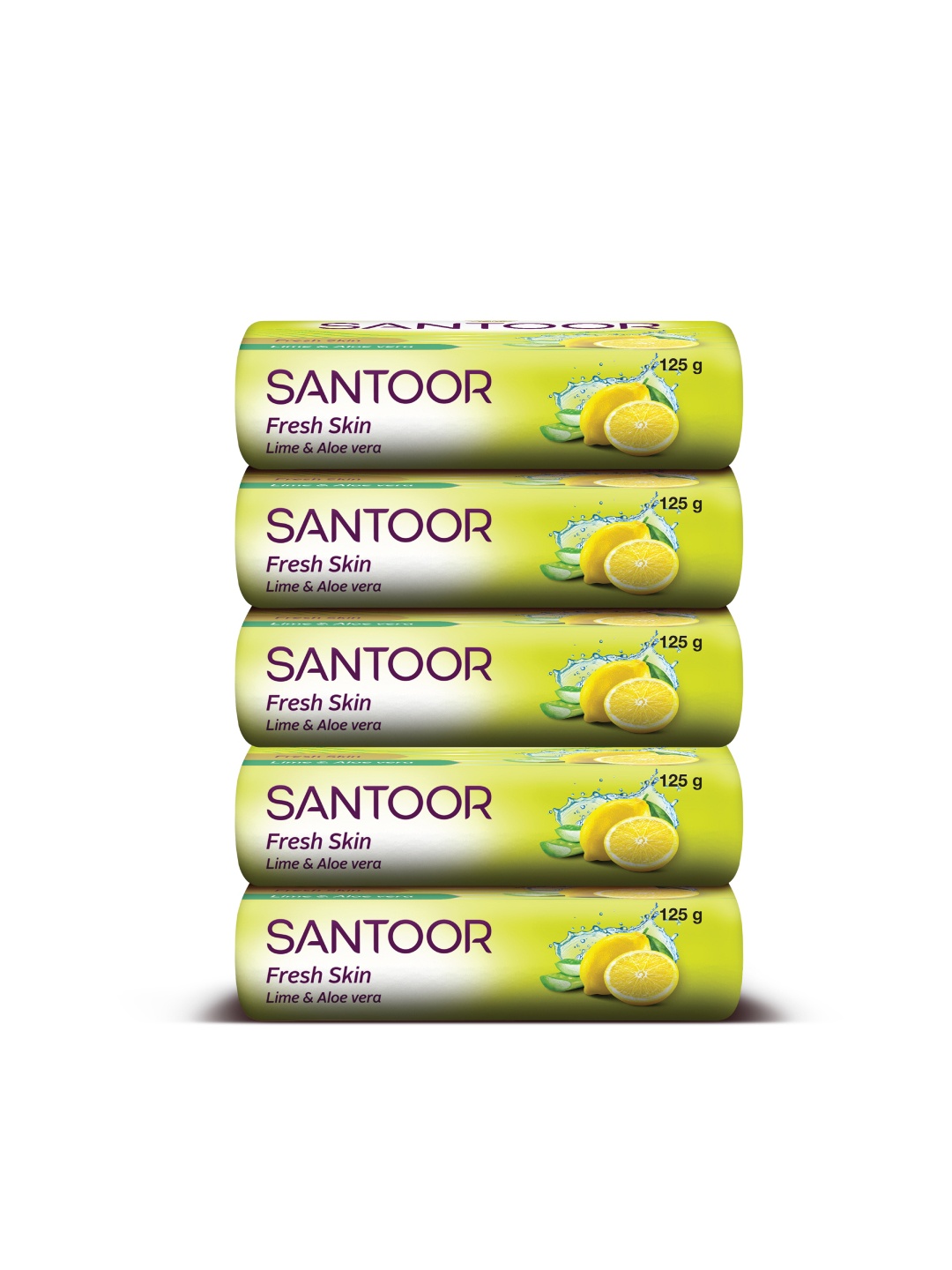 

Santoor Aloe Fresh Soaps with Aloe Vera & Lime - Buy 4 Get 1 Free - 125g Each, Yellow