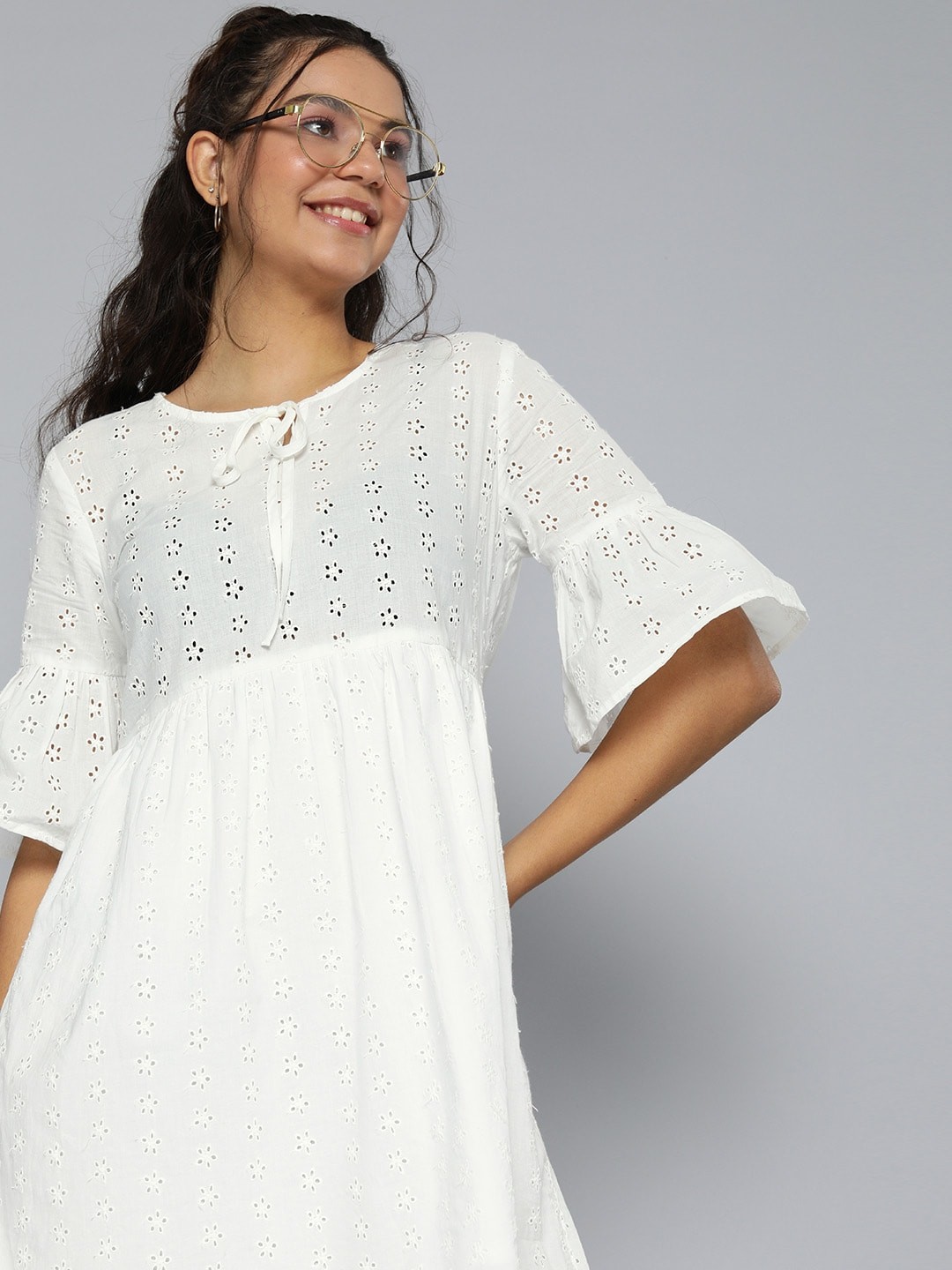 

HERE&NOW White Schiffli Tie-Up Neck Pure Cotton Dress