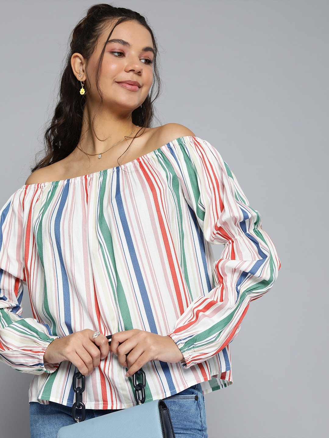 

HERE&NOW Women Multicoloured Striped Off-Shoulder Bishop Sleeves Bardot Top, Multi