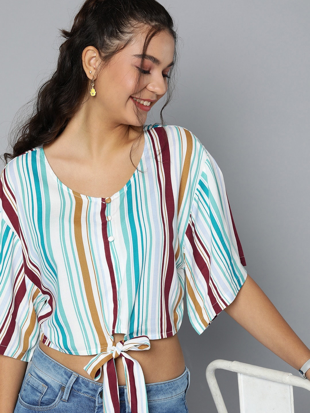 

HERE&NOW Women Multicoloured Striped Crop Top With Waist Tie-Ups, Multi
