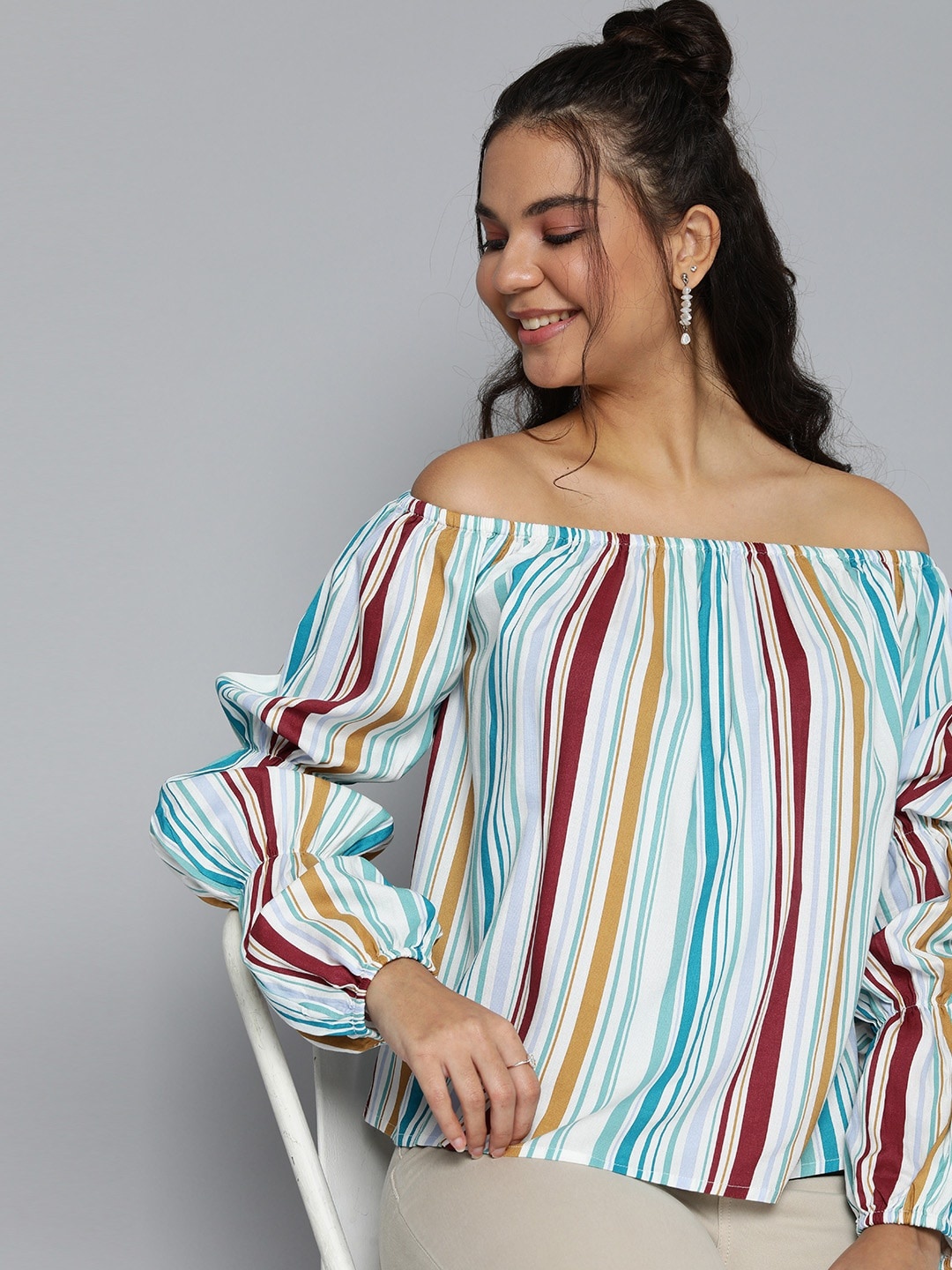 

HERE&NOW Multicoloured Striped Off-Shoulder Bardot Top, Multi
