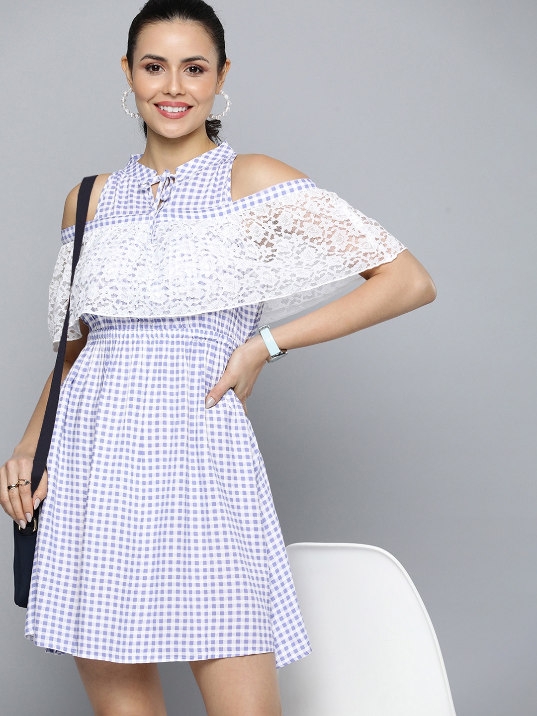 

HERE&NOW Checked Tie-Up Neck Cold-Shoulder Fit & Flare Dress, Lavender
