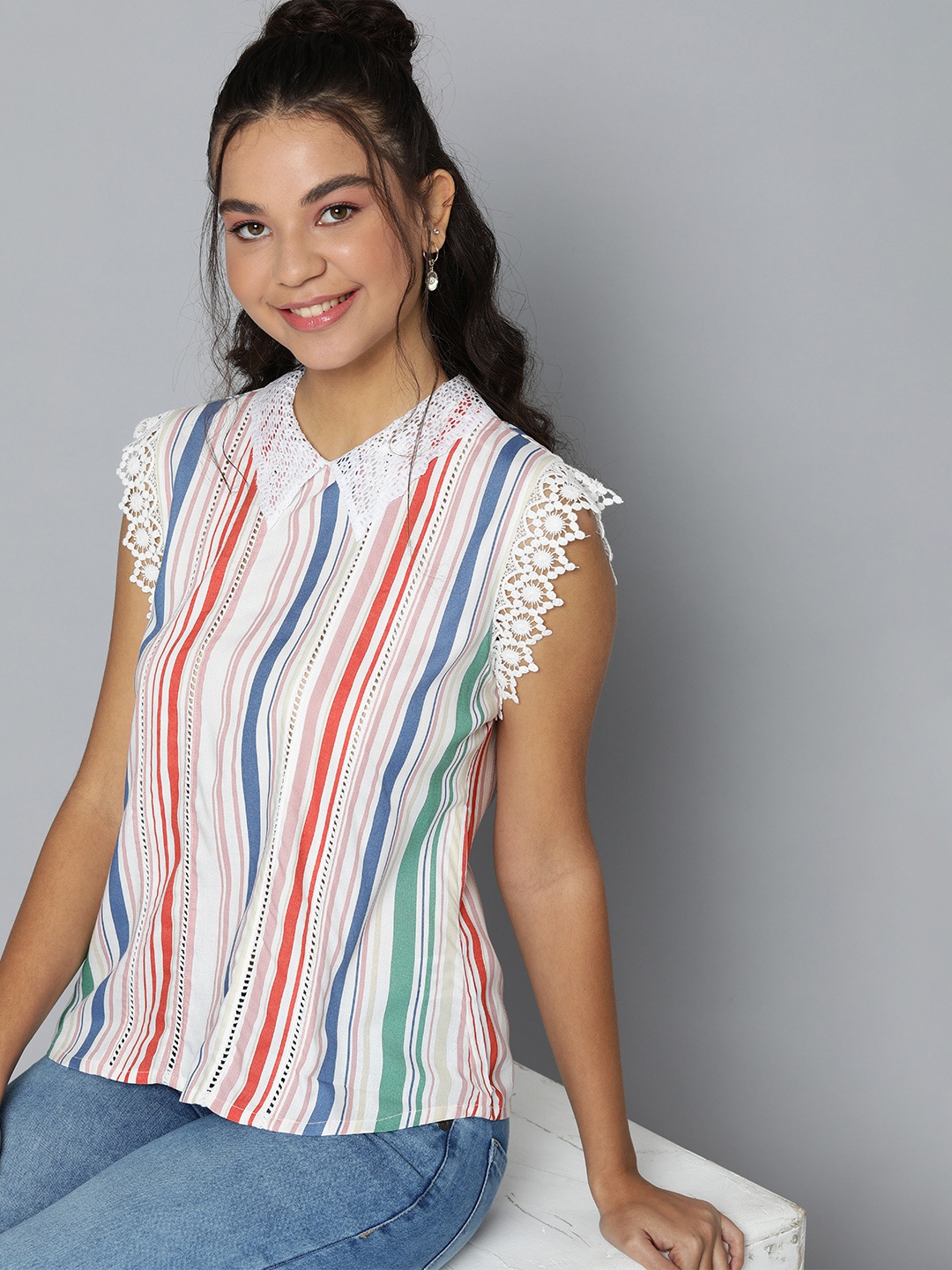 

HERE&NOW Women Multicoloured Striped Peter Pan Collar Shirt Style Top, Multi
