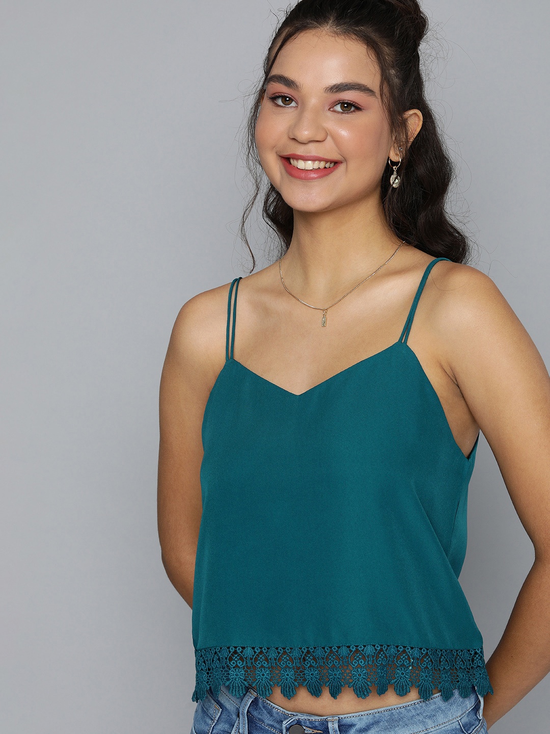 

HERE&NOW Women Teal Green Solid Sleeveless Crop Top With Lace Detail