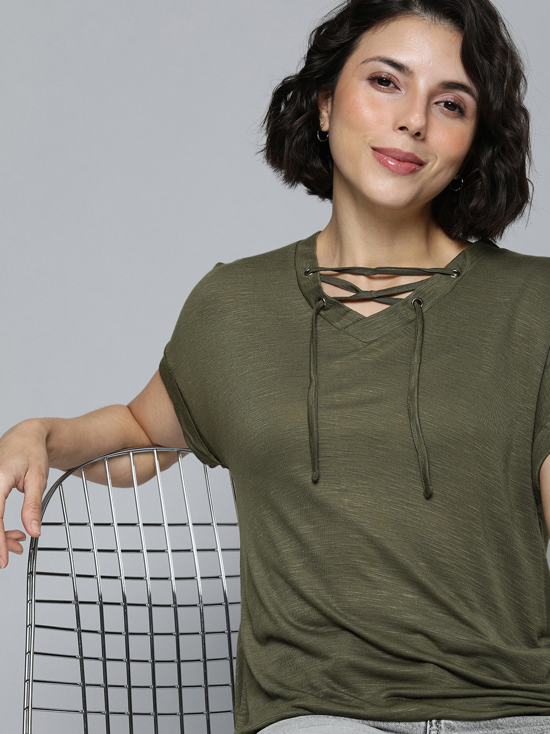 

Harvard Women Olive Green Self-Design Regular Top