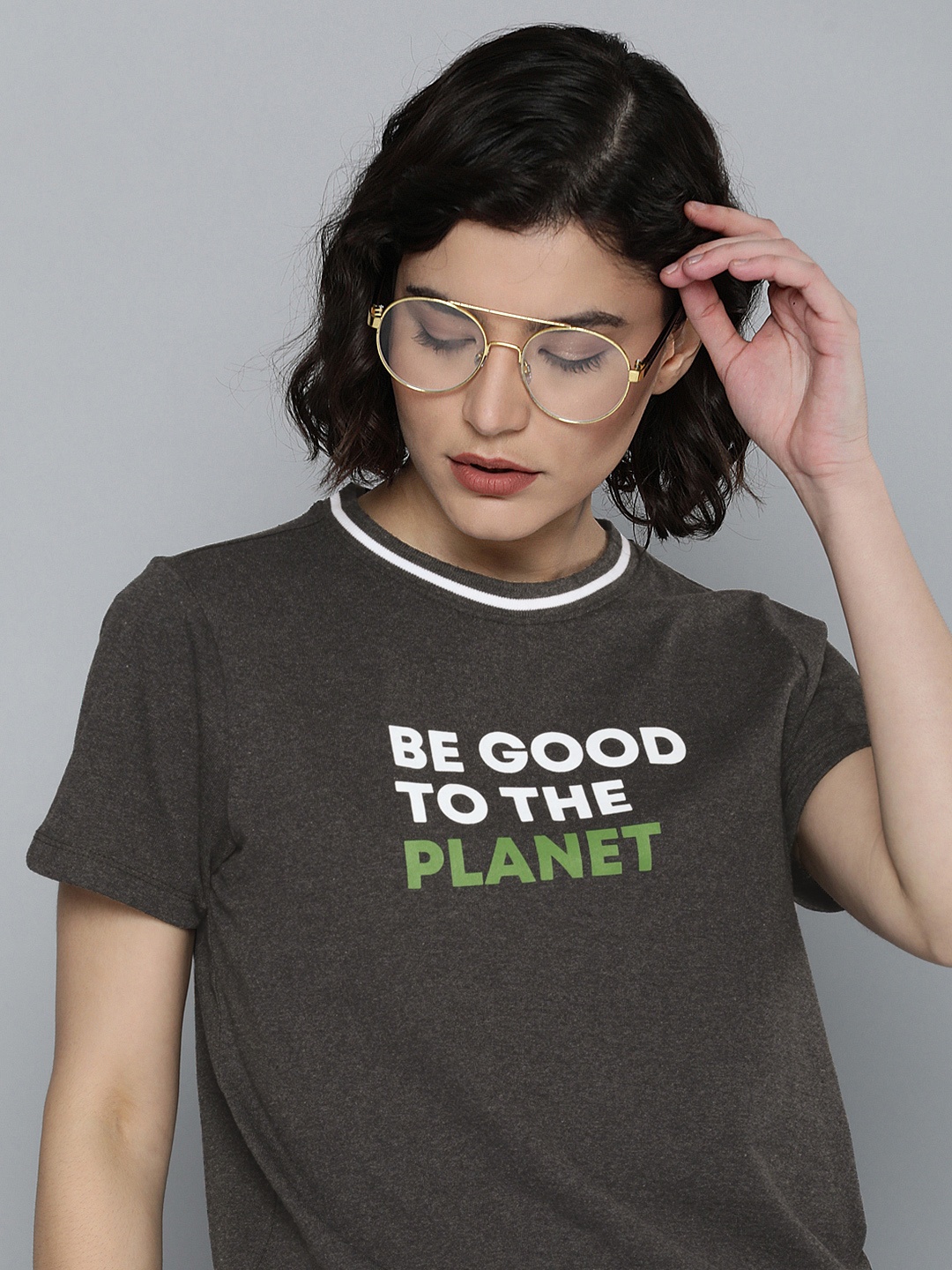 

Harvard Women Charcoal Typography Printed Round-Neck Casual T-shirt