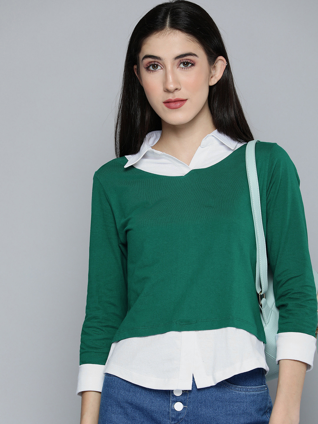 

Harvard Women Green & White Colourblocked Shirt-Collar Pure Cotton Regular Top