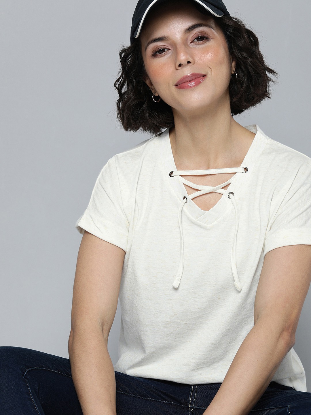 

Harvard Women White Self-Design Regular Top