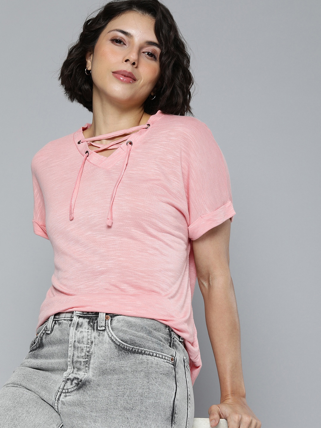 

Harvard Women Peach-Coloured Self-Design Regular Top