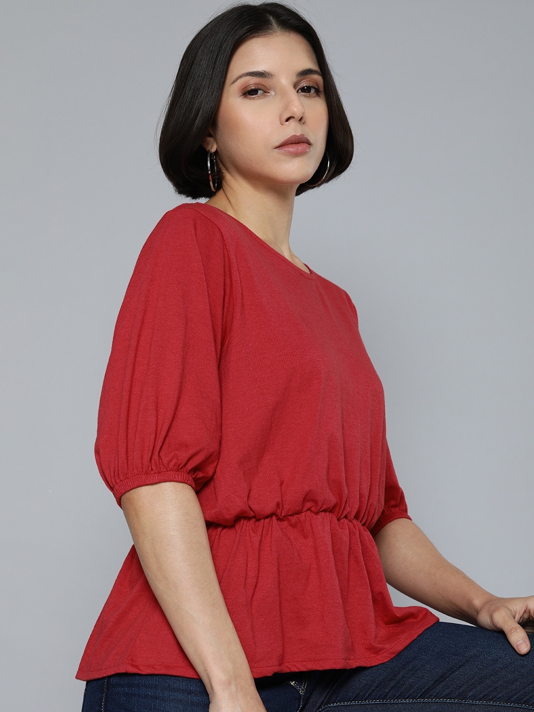 

Harvard Women Red Solid Bishop Sleeves Cinched Waist Top