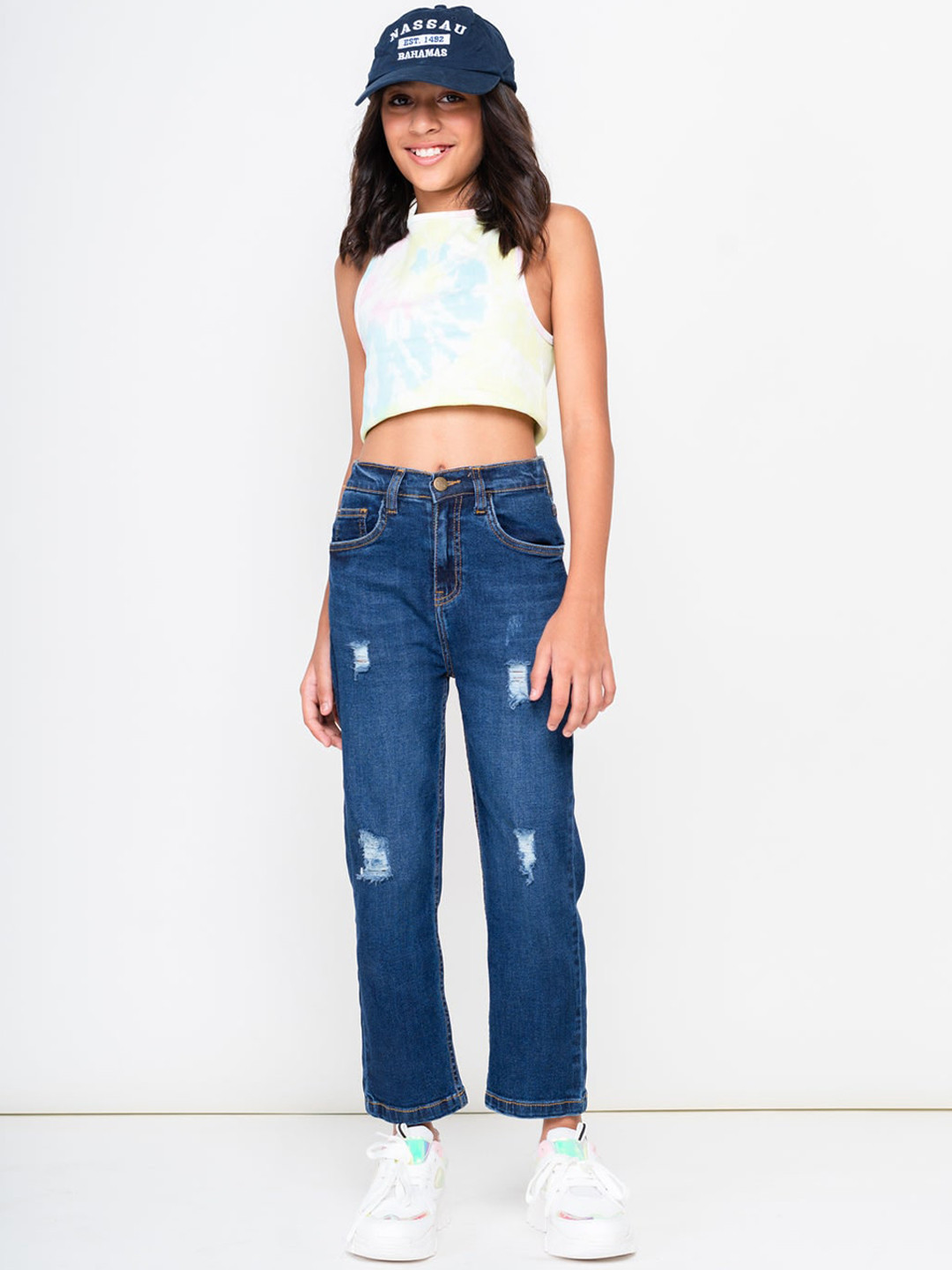 

FREAKINS Girls Blue High-Rise Low Distress Light Fade Mom Jeans