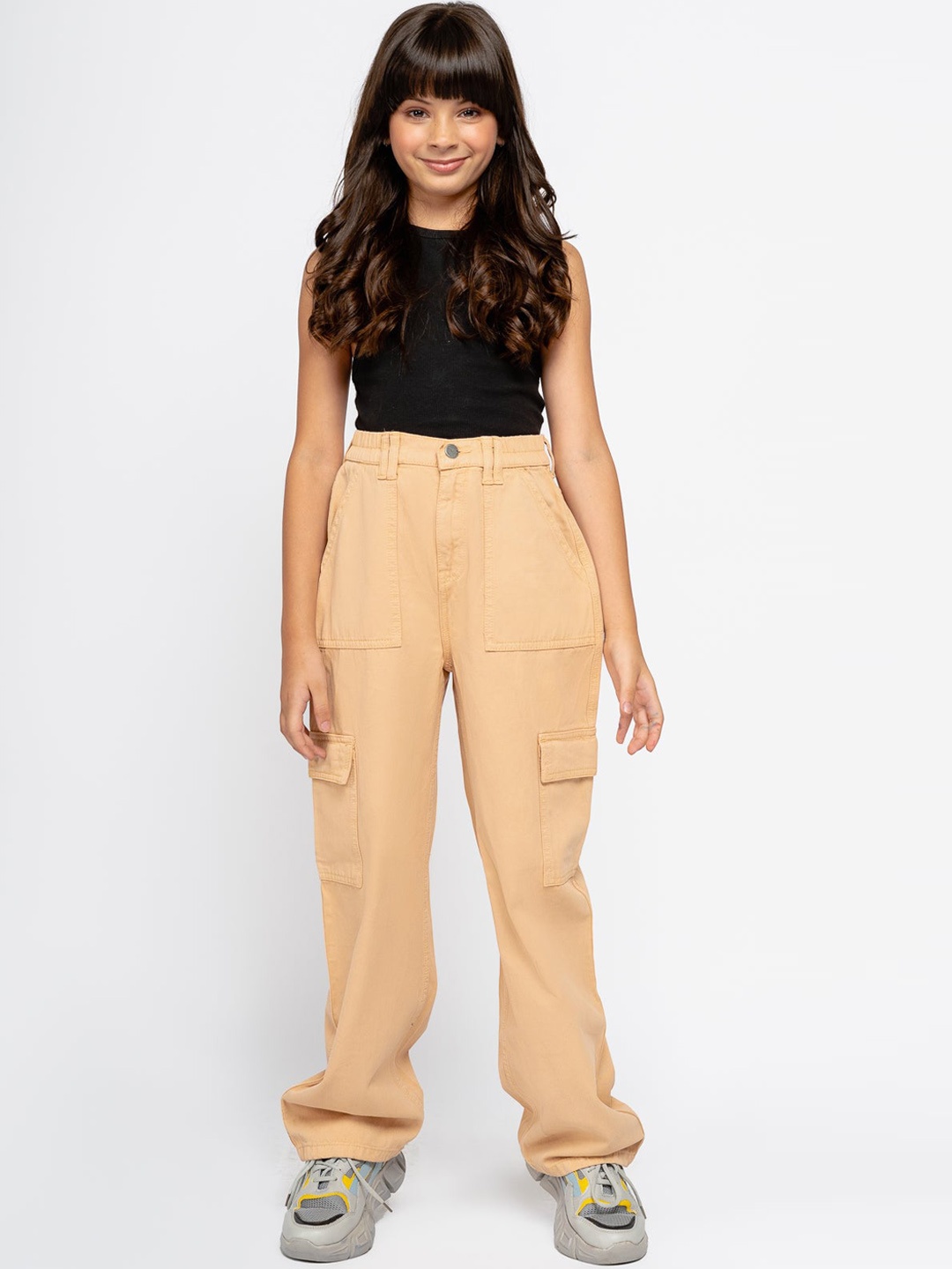 

FREAKINS Girls Orange Straight Fit High-Rise Chambray Cotton Cargos Trousers
