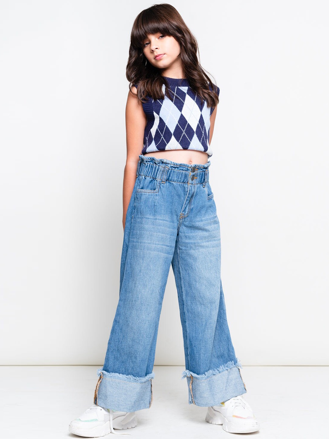 

FREAKINS Girls Blue Flared PaperBag High-Rise Light Fade Jeans