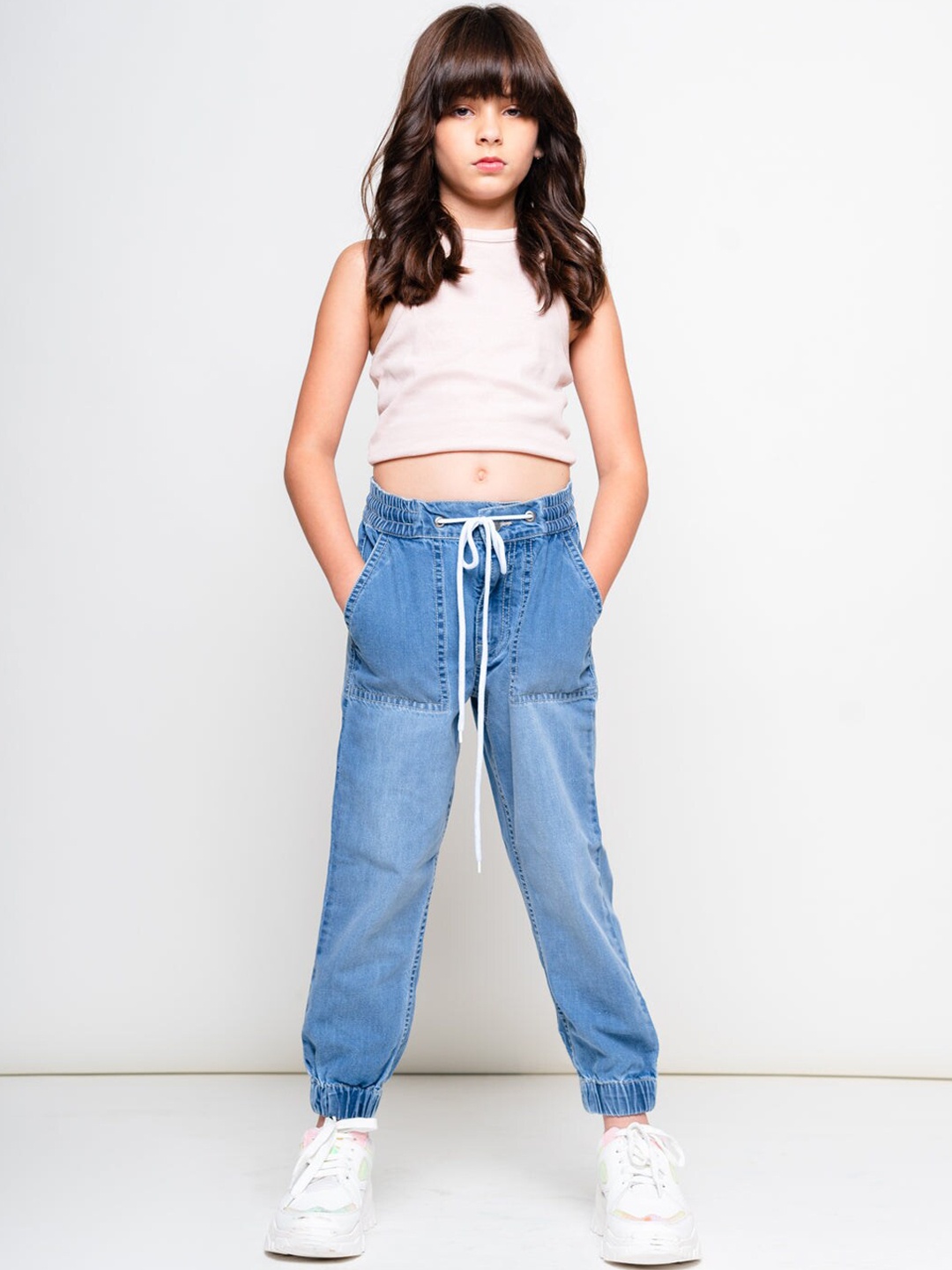 

FREAKINS Girls Blue Cotton High-Rise Low Distress Light Fade Jogger