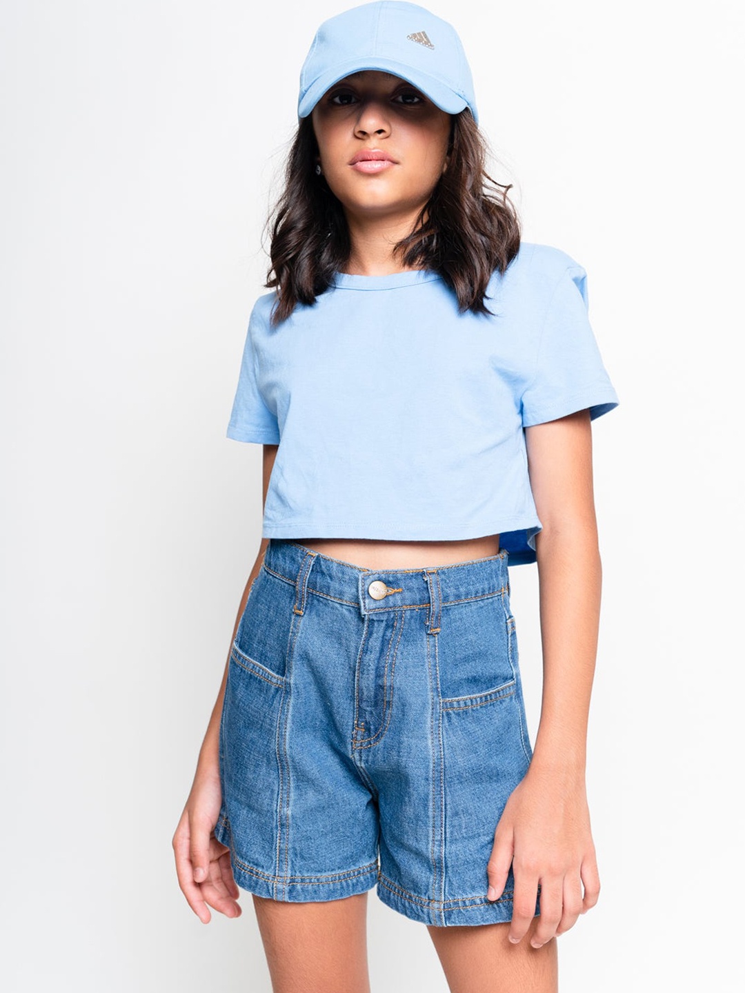

FREAKINS Girls Blue Slim Fit High-Rise Denim Shorts