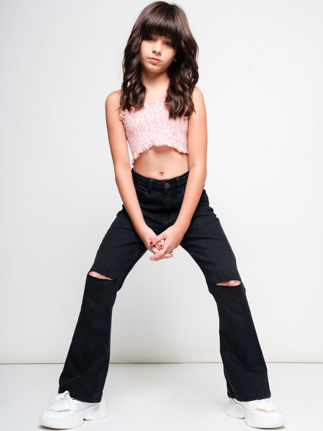 

FREAKINS Girls Black Bootcut High-Rise Slash Knee Stretchable Jeans