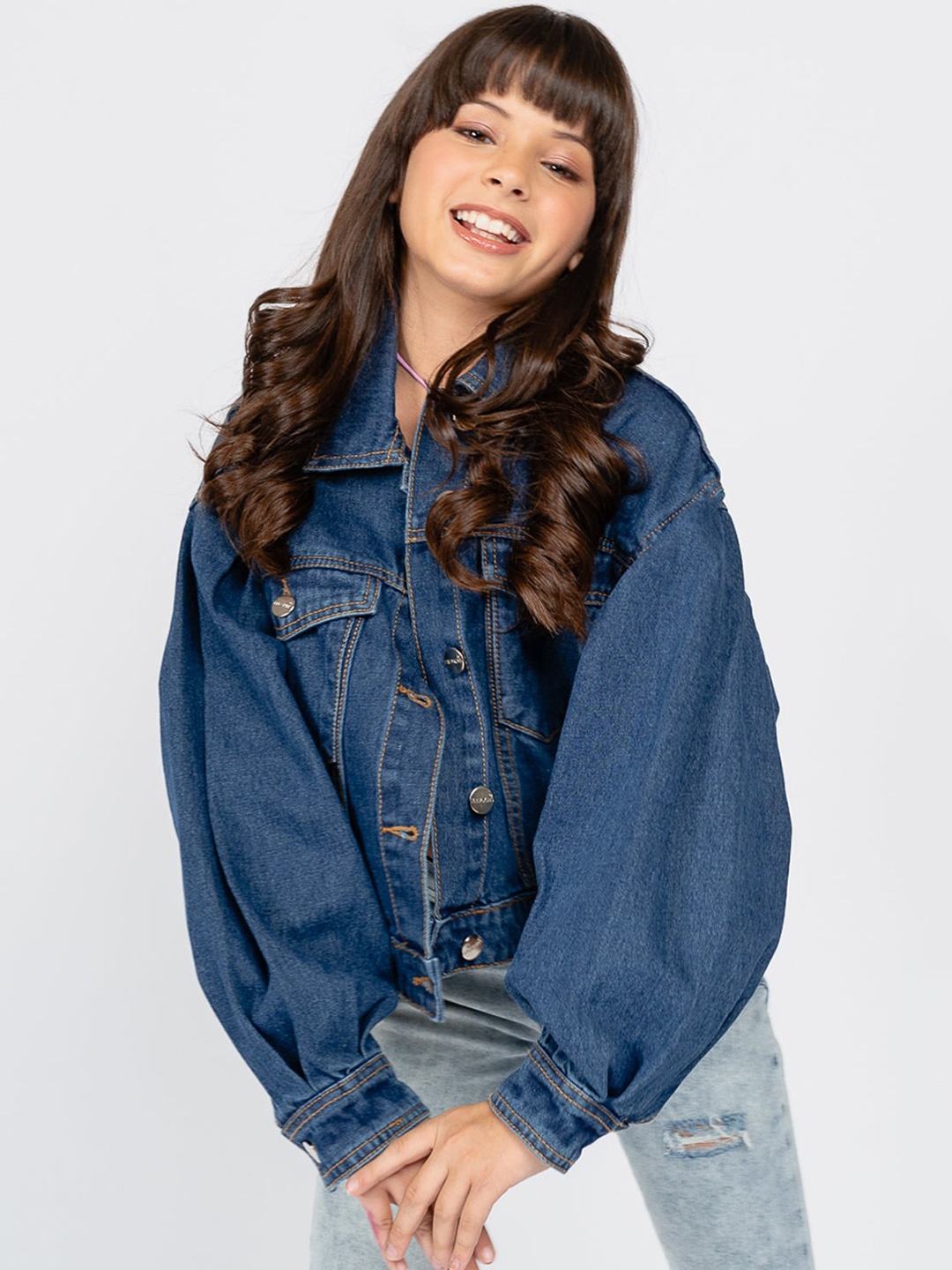 

FREAKINS Girls Blue Washed Checked Denim Jacket