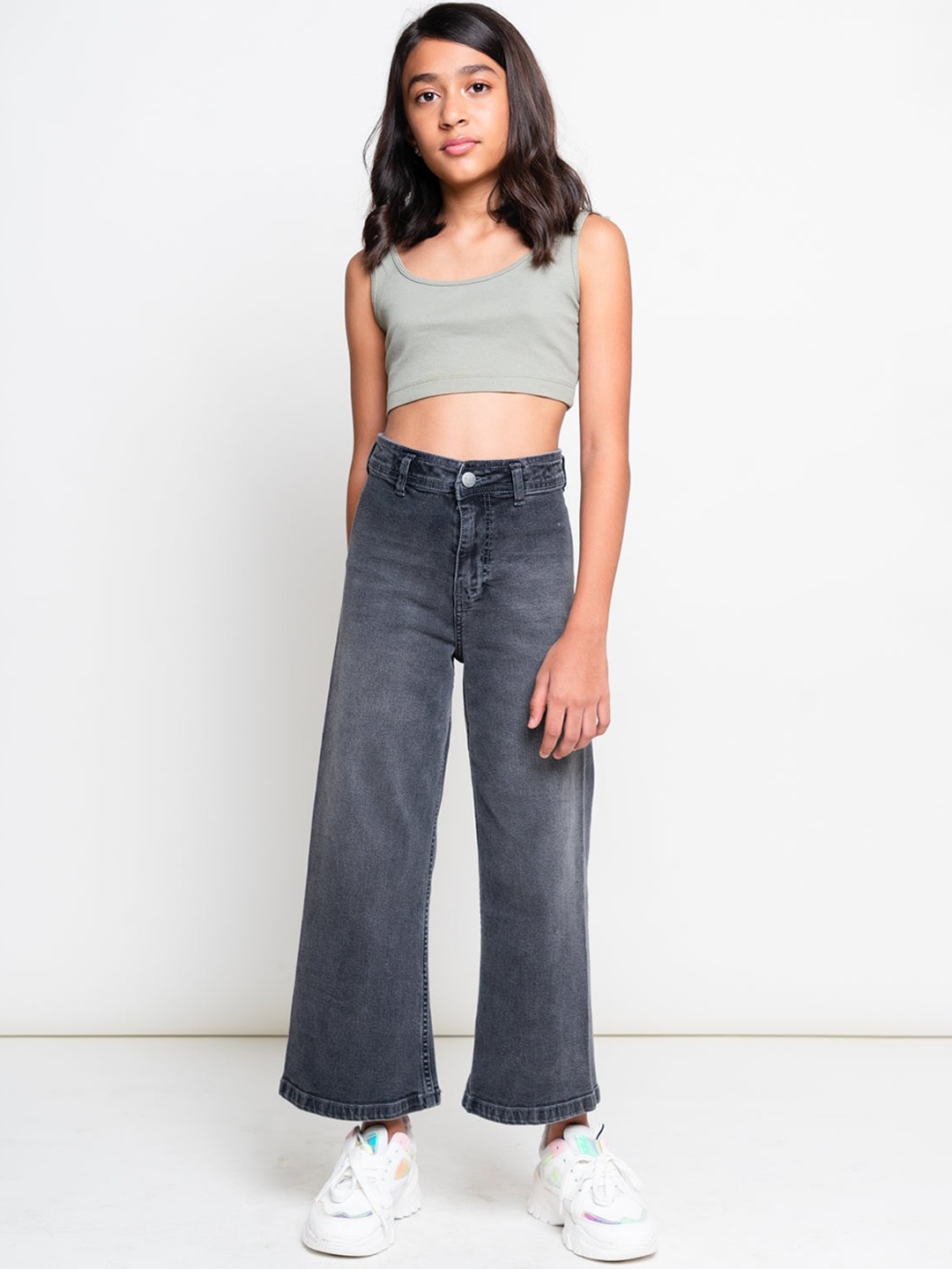 

FREAKINS Girls Black Wide Leg High-Rise Heavy Fade Stretchable Cotton Crop Jeans