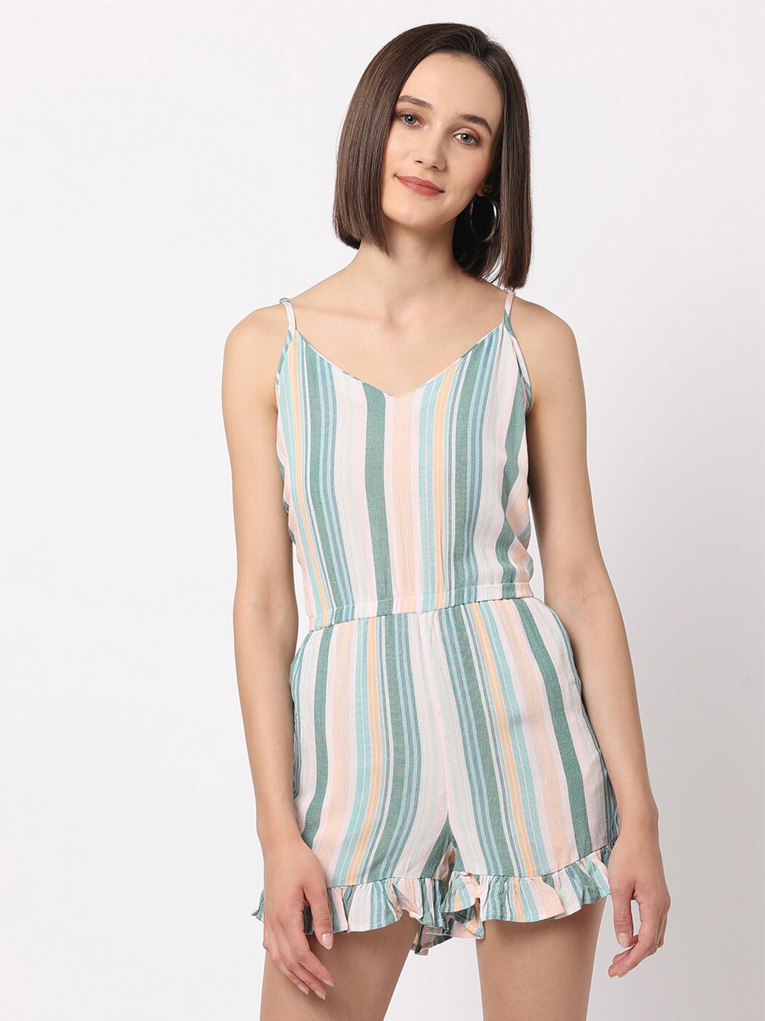 

VASTRADO Women Green & Blue Striped with Ruffles Cotton Jumpsuit