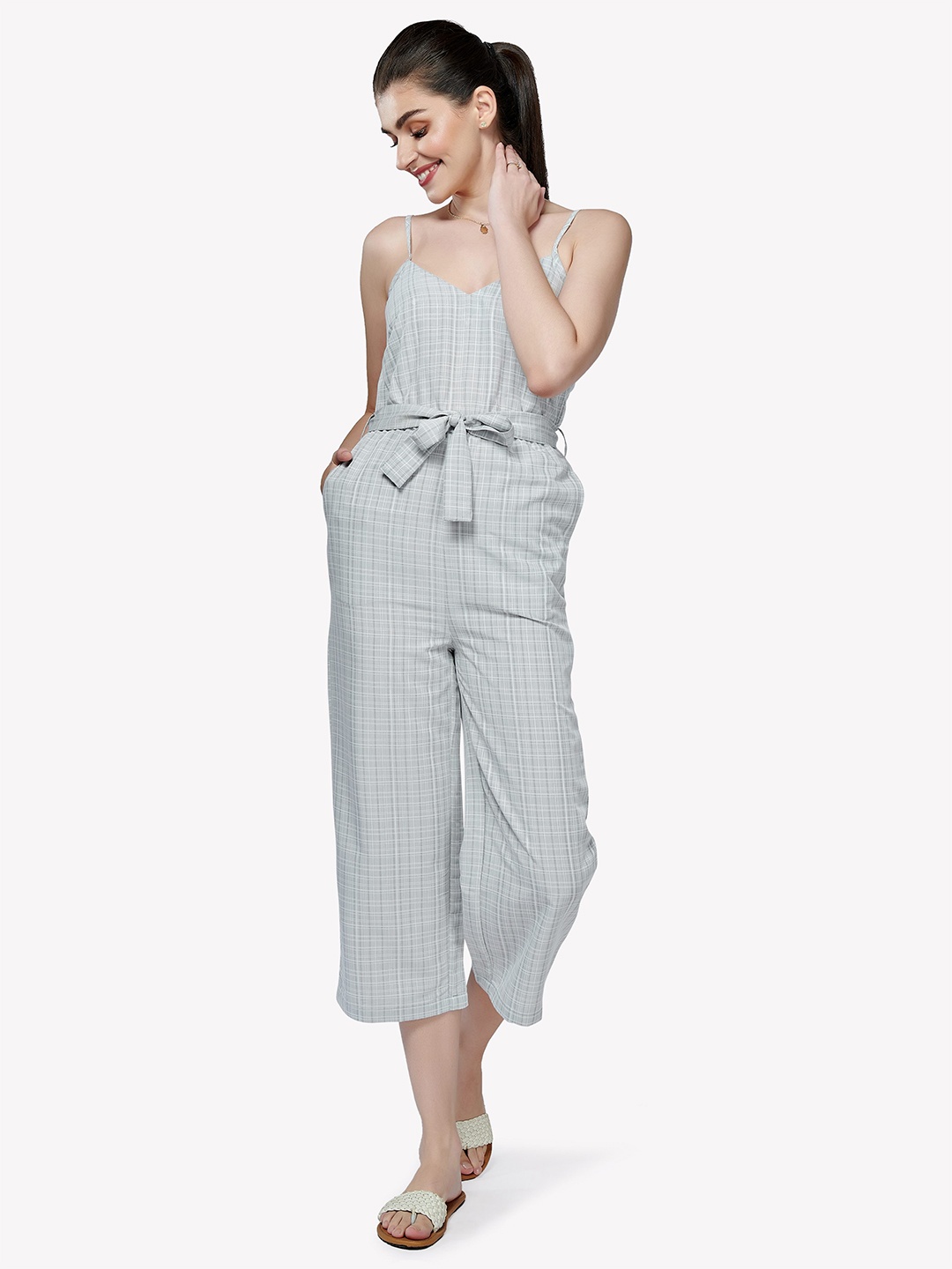 

VASTRADO Grey Checked Cotton Basic Jumpsuit