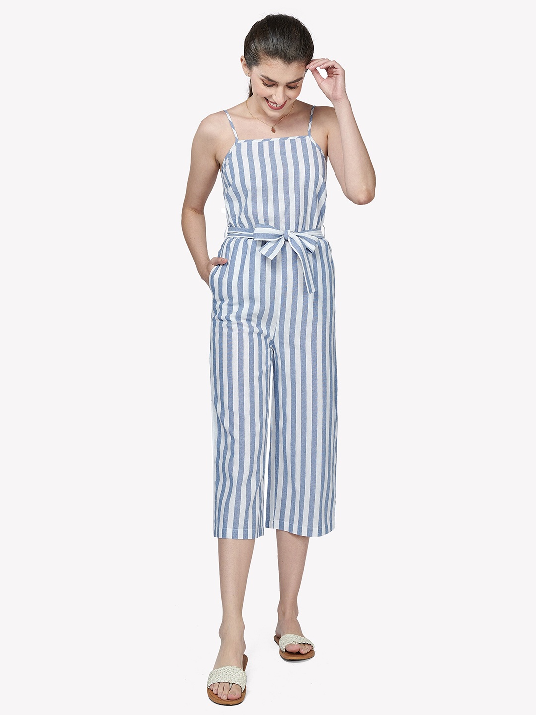 

VASTRADO Blue & White Striped Shoulder Strap Jumpsuit