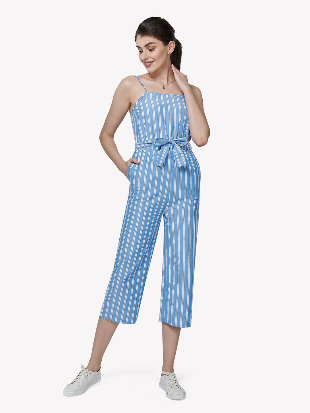 

VASTRADO Women Blue & White Striped Cotton Basic Jumpsuit