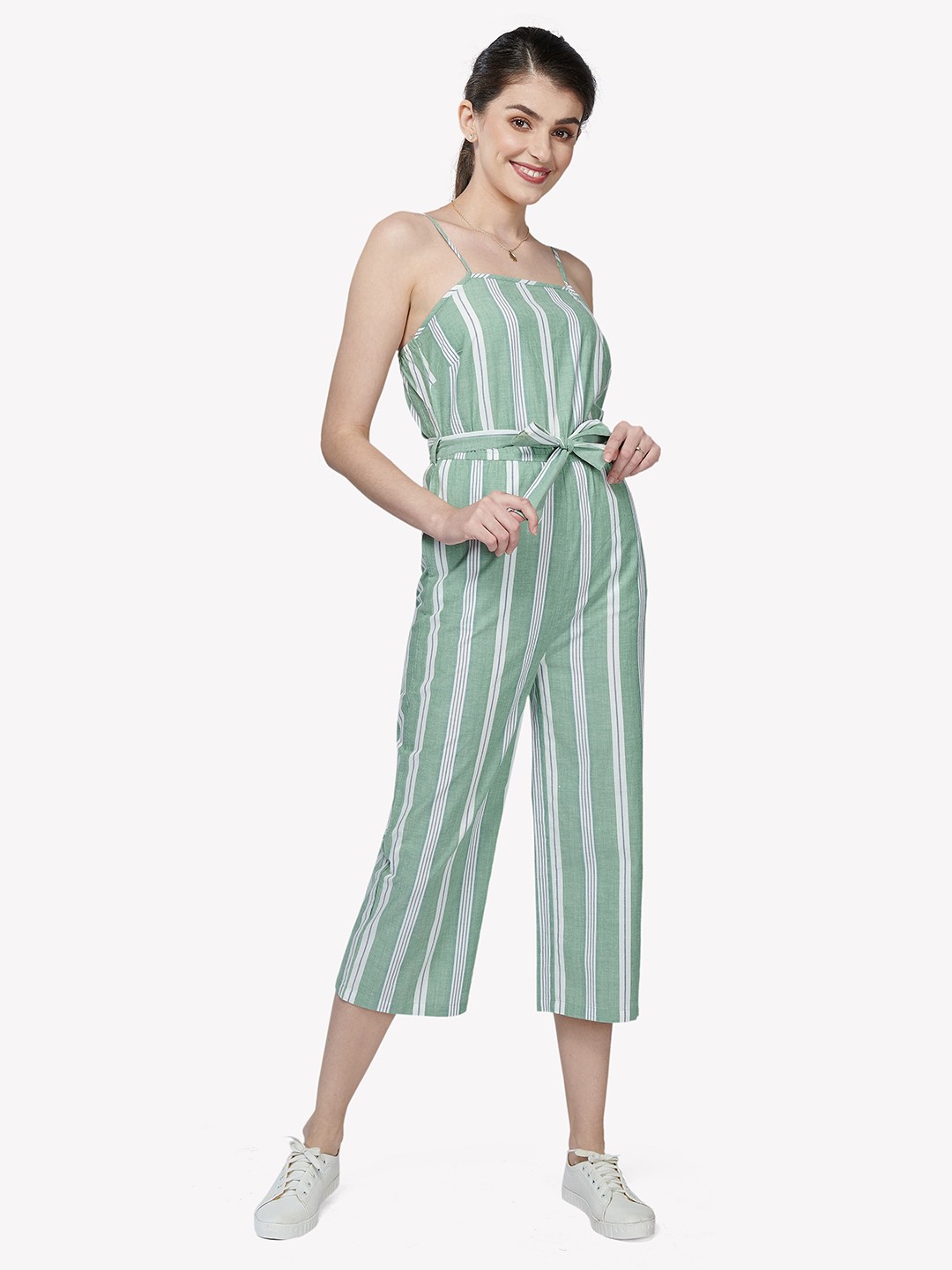 

VASTRADO Green & White Striped Shoulder Strap Jumpsuit