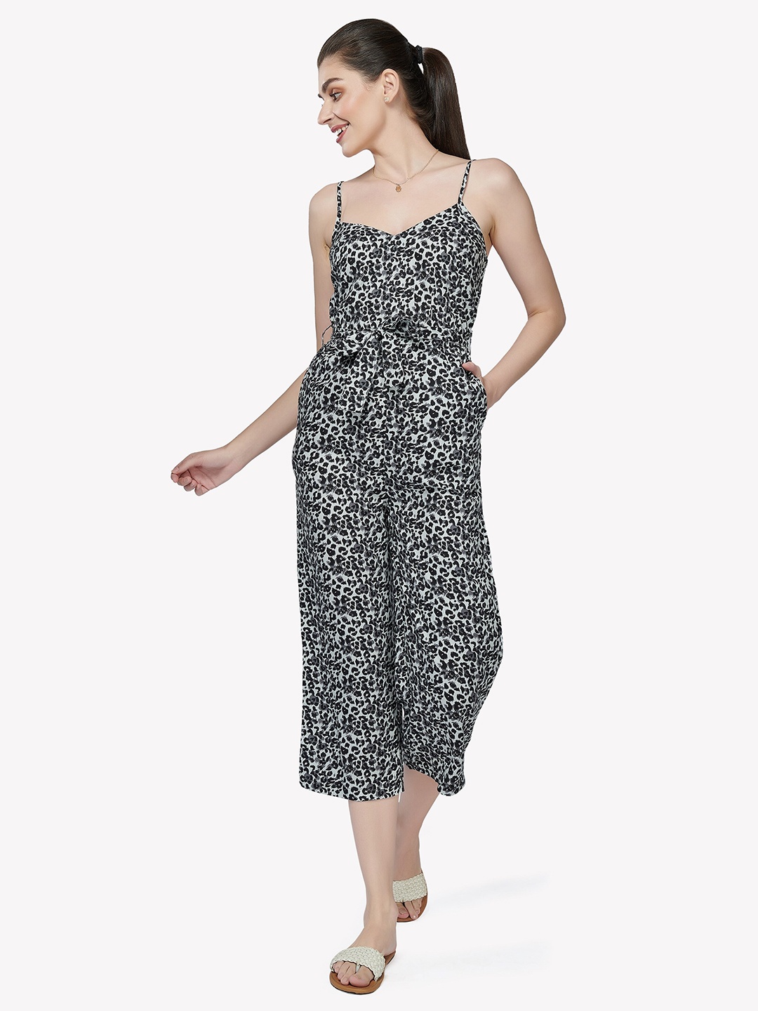 

VASTRADO Black & Grey Animal Printed Cotton Culotte Jumpsuit