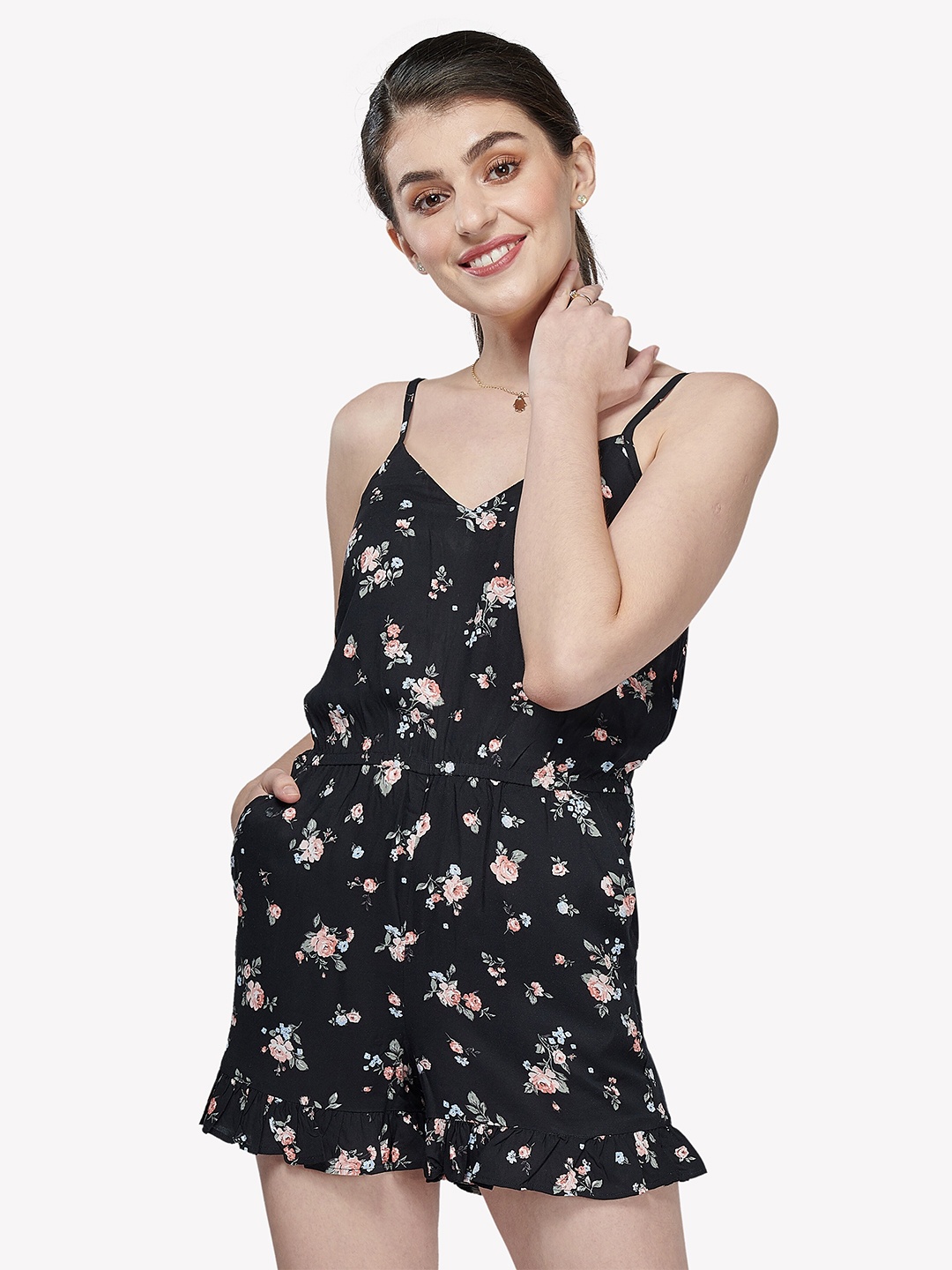 

VASTRADO Black & Pink Printed Cotton Playsuit