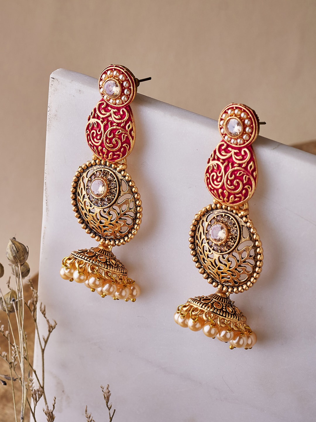 

ATIBELLE Copper-Toned & Red Gold-Plated Antique Contemporary Pearls Drop Earrings