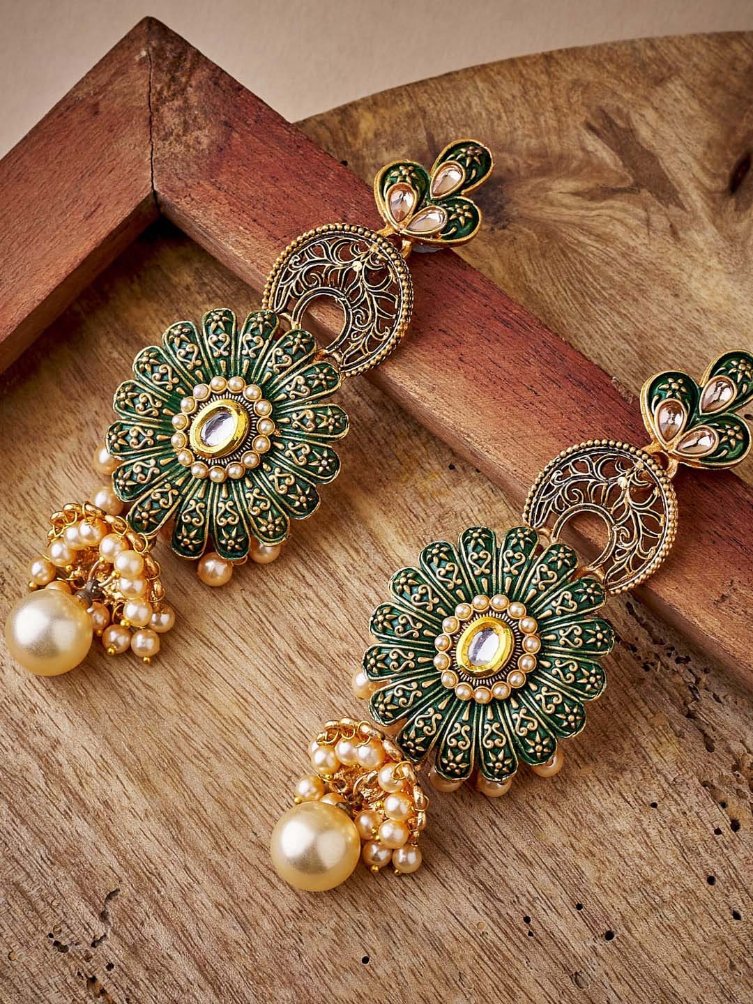 

ATIBELLE Gold-Toned & Green Floral Drop Earrings