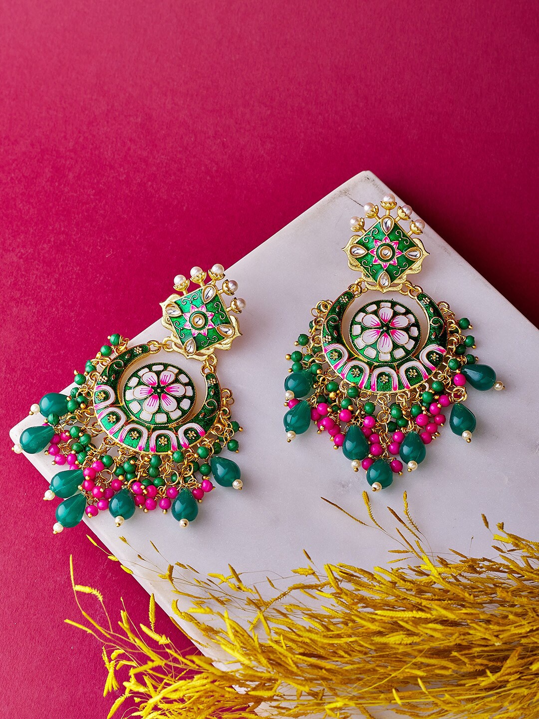 

ATIBELLE Green & Gold-Plated Floral Drop Earrings