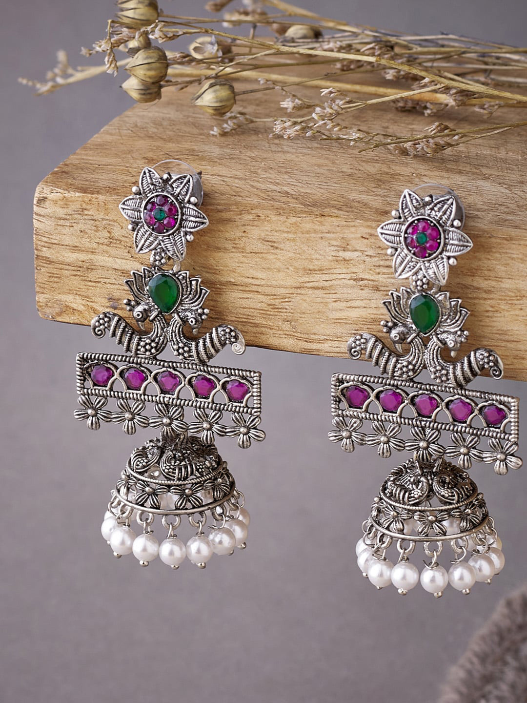 

ATIBELLE Silver-Plated & Purple Classic Jhumkas Earrings