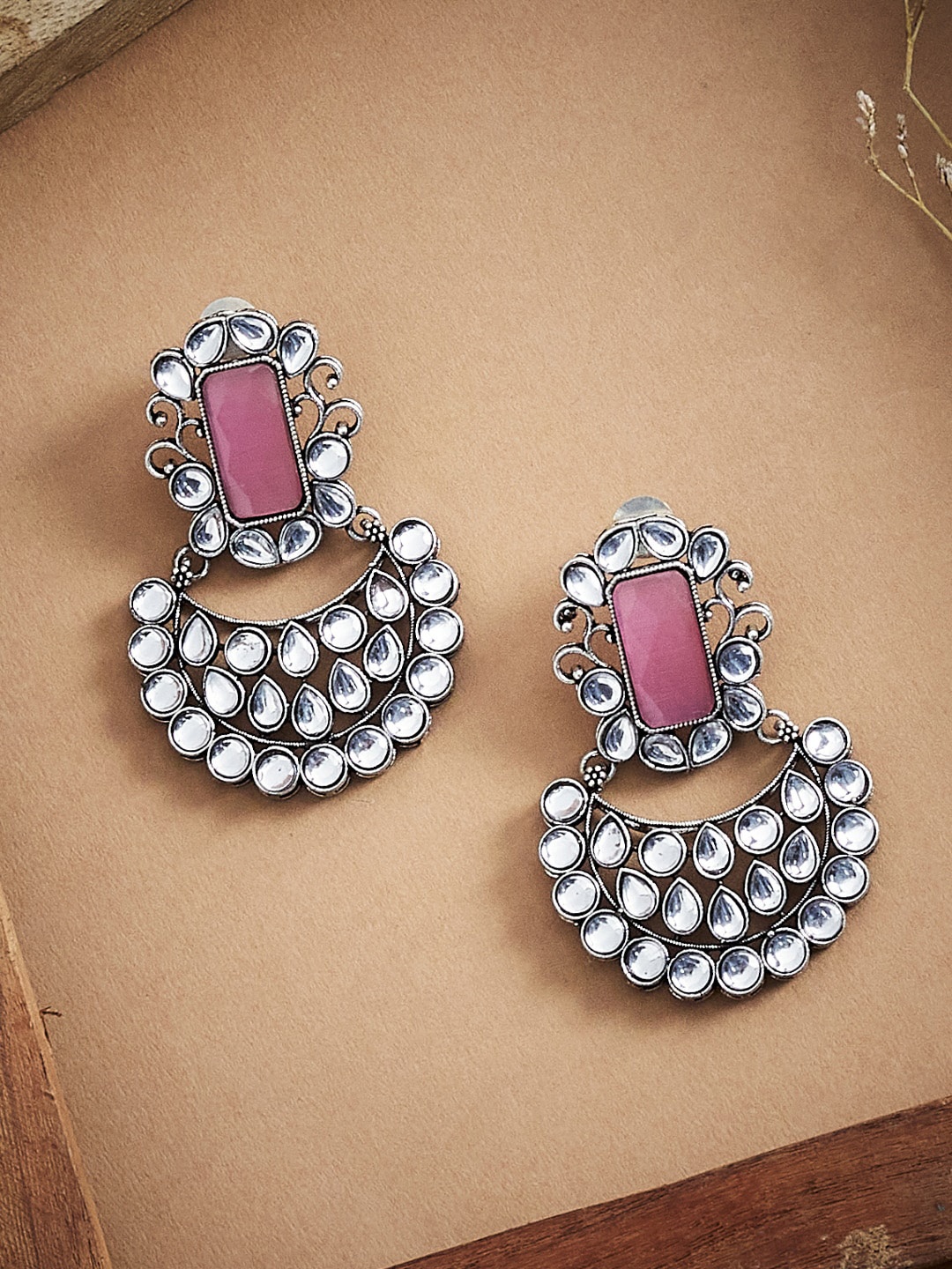 

ATIBELLE Silver-Toned & Rose Contemporary Chandbalis Earrings