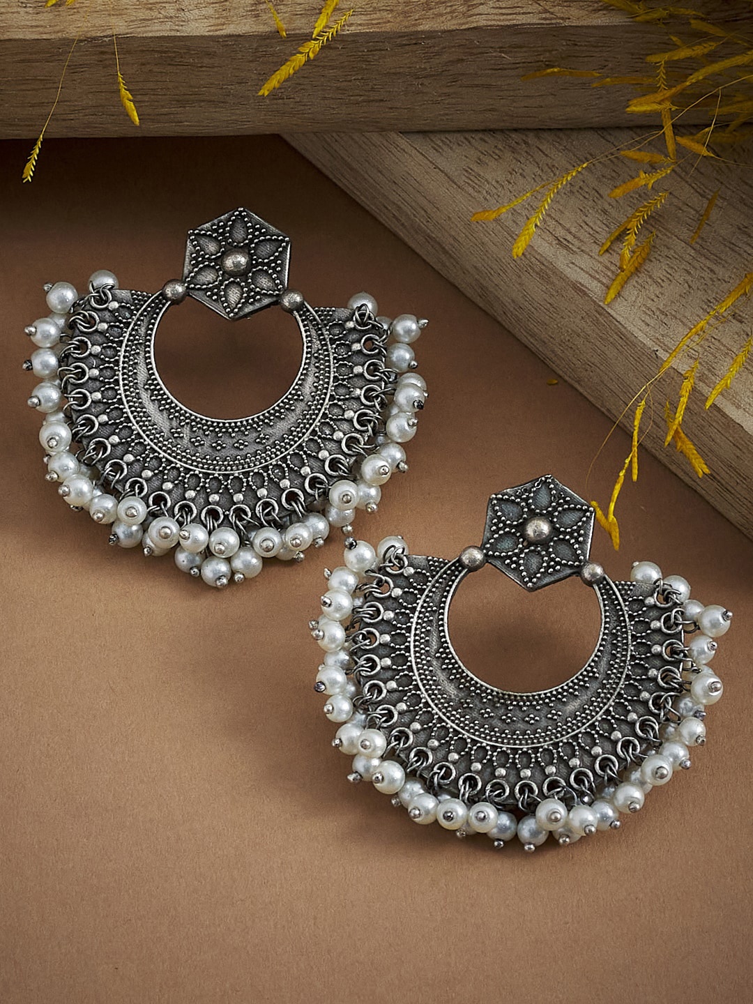 

ATIBELLE Oxidised Silver-Plated White German Silver Chandbalis Earrings