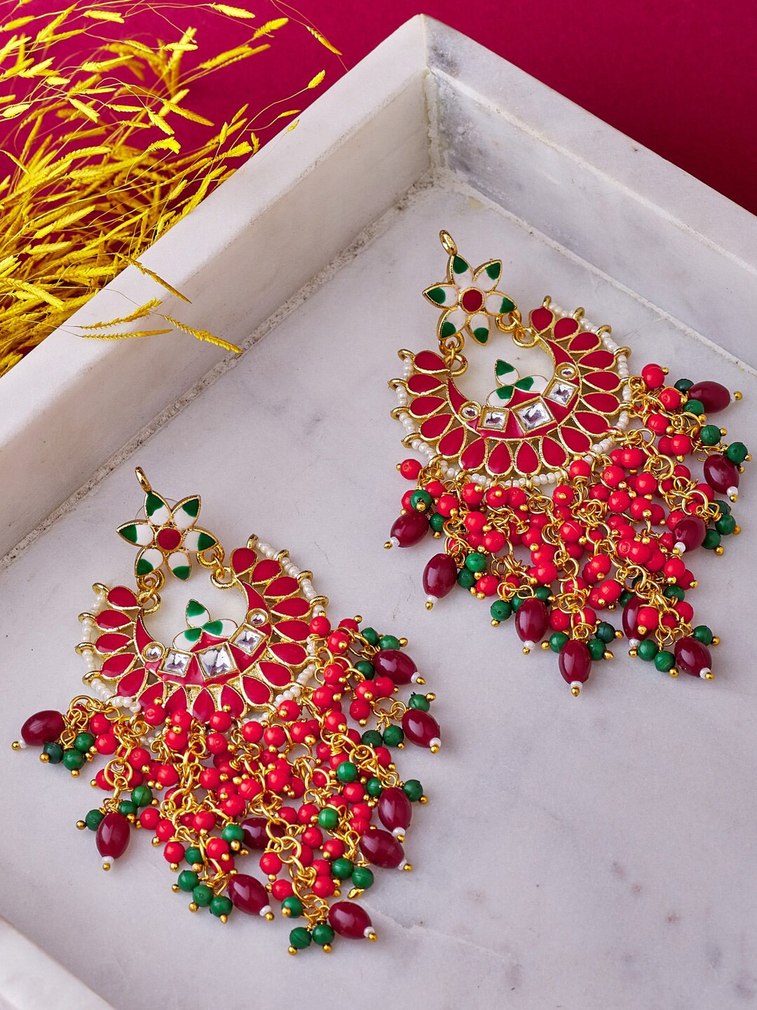 

ATIBELLE Maroon & Green Floral Kundan Studded Chandbalis Earrings