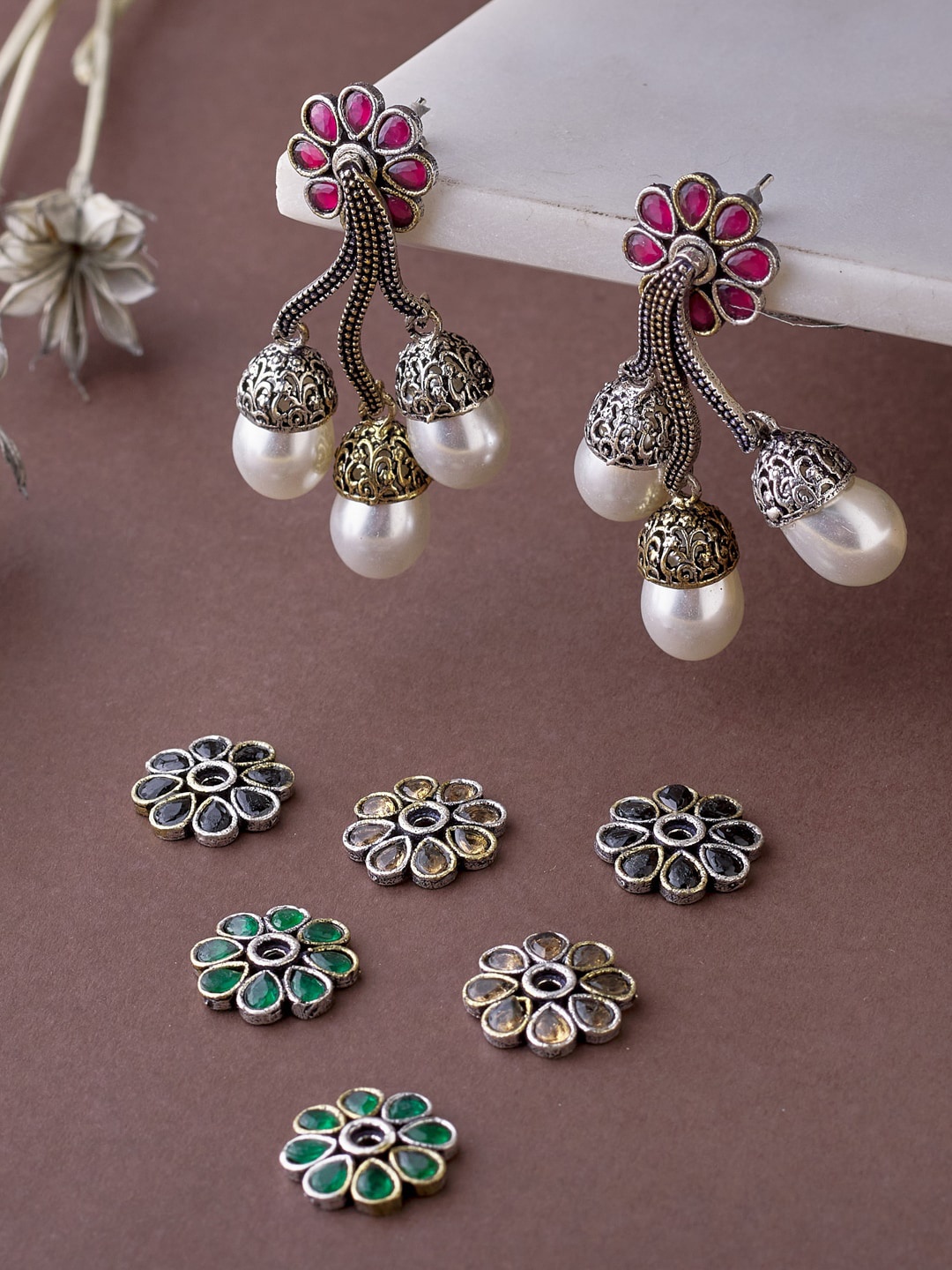 

ATIBELLE Green Floral Silver-Plated Artificial Stones Drop Earrings