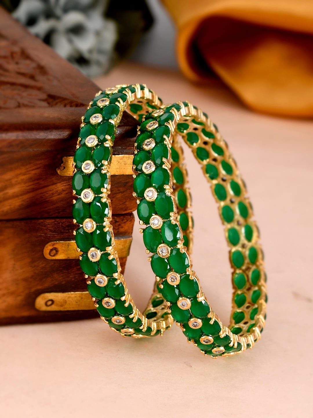 

Silvermerc Designs Set Of 2 Gold-Plated Green AD-Studded Bangles