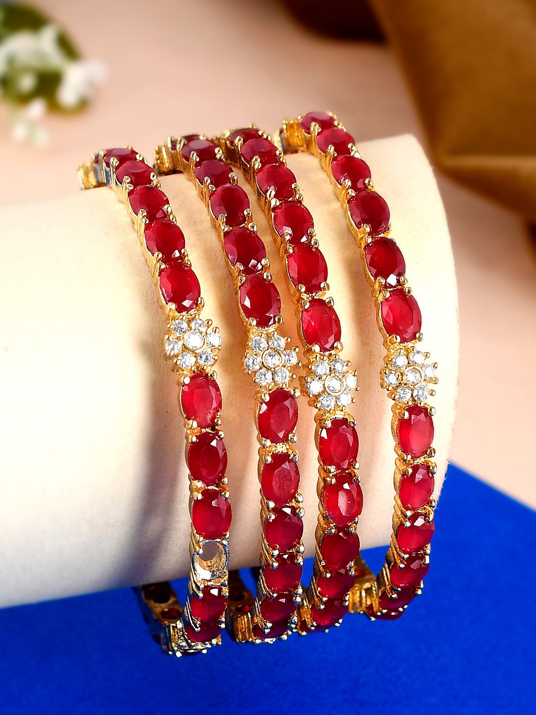 

Silvermerc Designs Set Of 4 Gold-Plated & Red AD-Studded Bangles