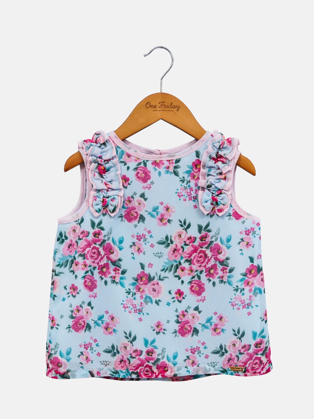 

One Friday Girls Blue & Multicoloured Floral Print Keyhole Neck Ruffles Top