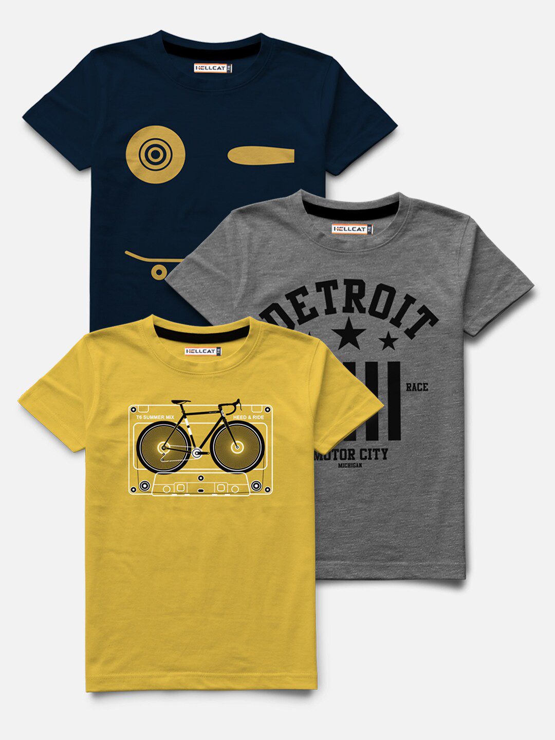 

HELLCAT Boys Pack of 3 Printed Bio-Finish T-shirts, Navy blue