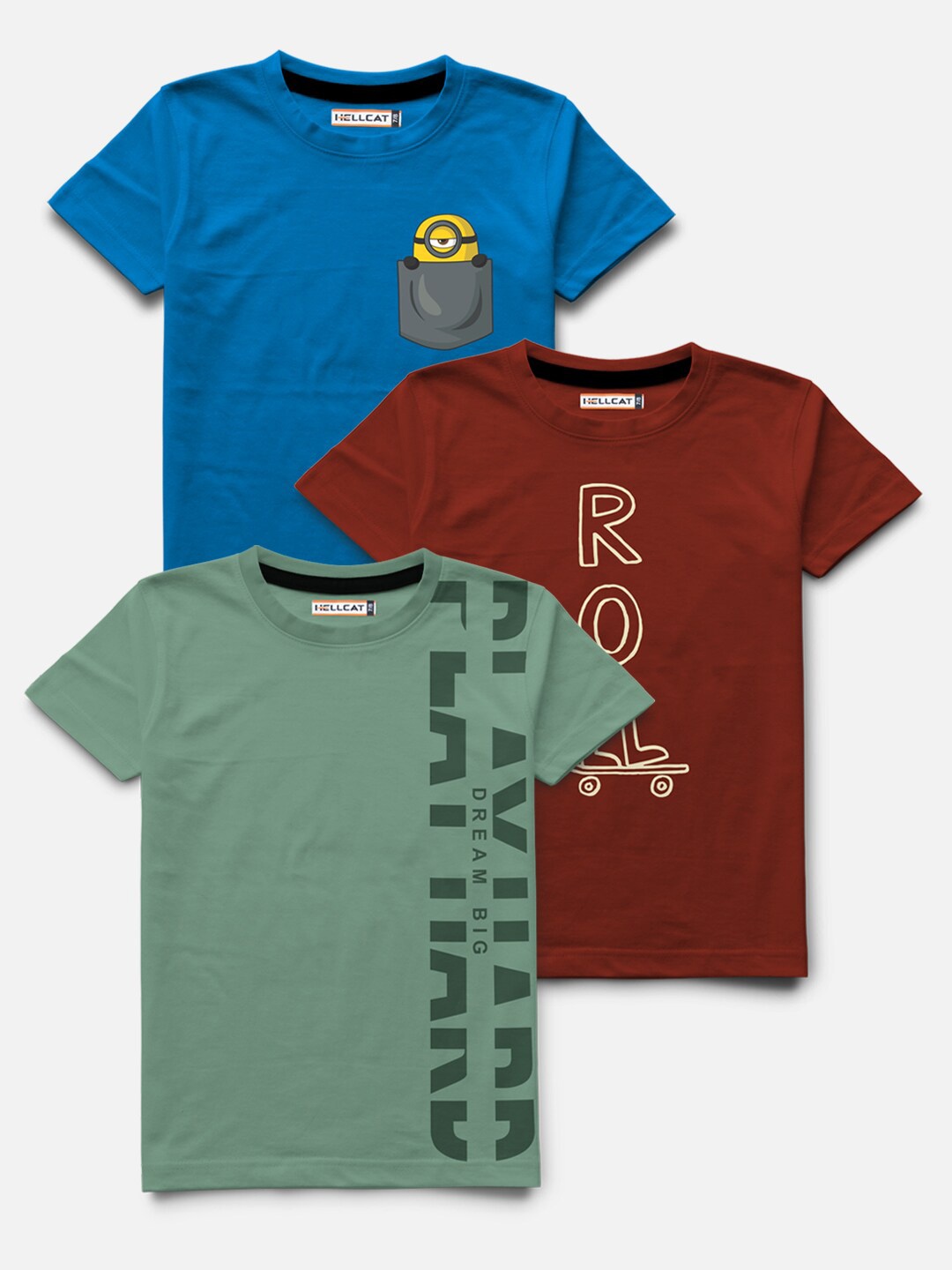 

HELLCAT Boys Maroon & Blue Pack of 3 Printed Bio Finish T-shirt