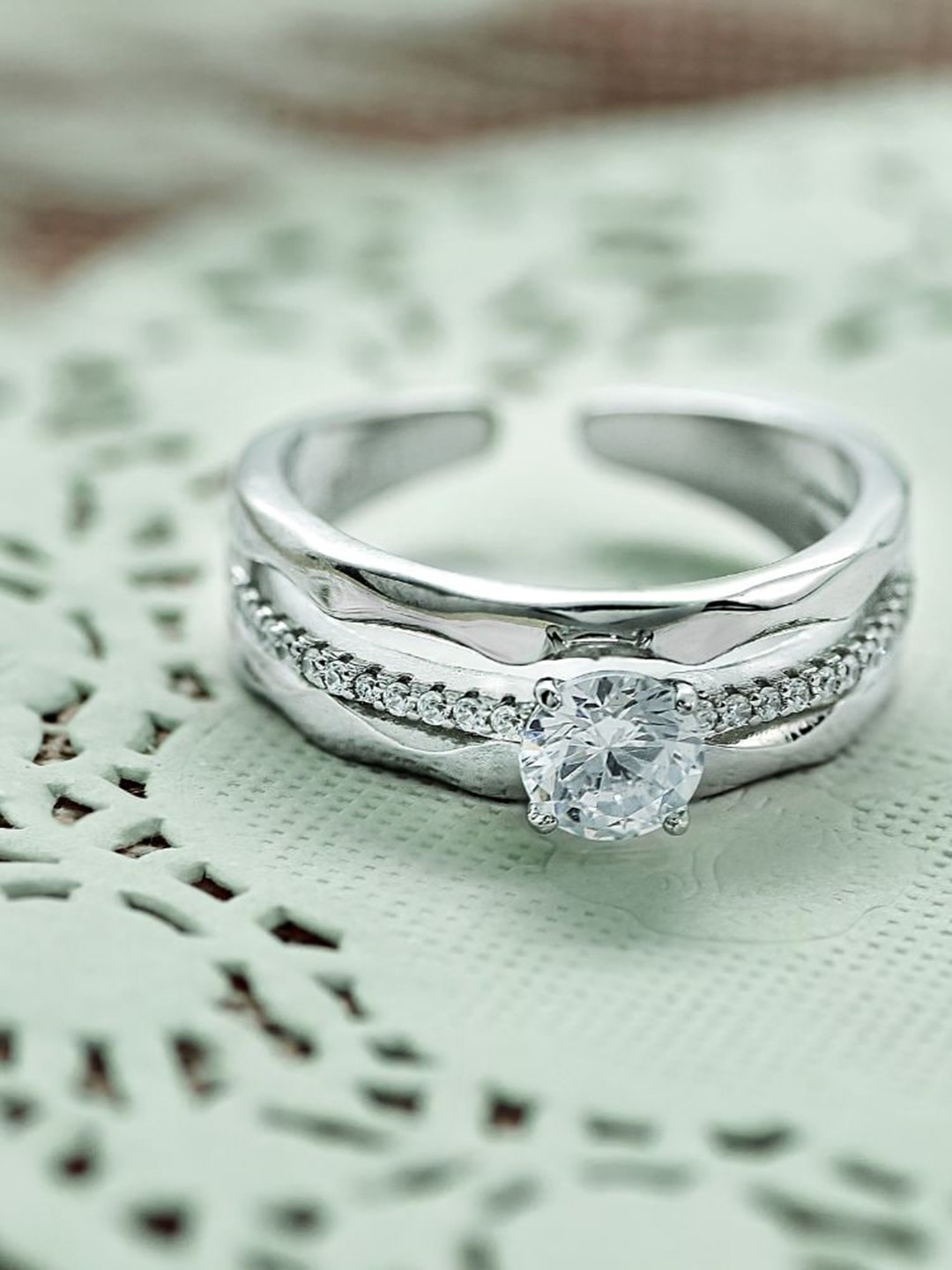 

SILBERRY 925 Sterling Silver Silver-Plated White CZ-Studded Adjustable Finger Rings